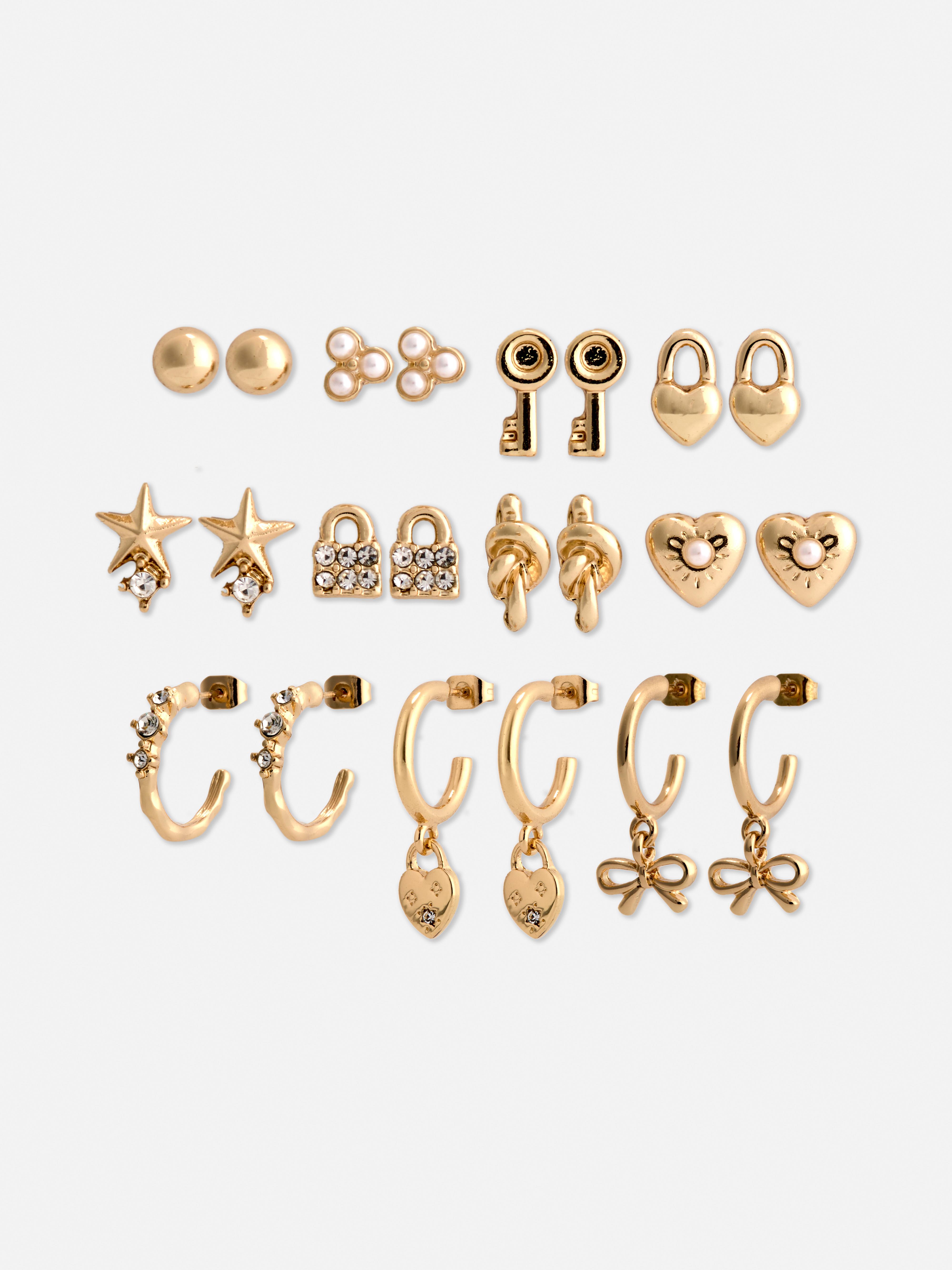 12pk Mixed Hoop and Stud Earrings Yellow