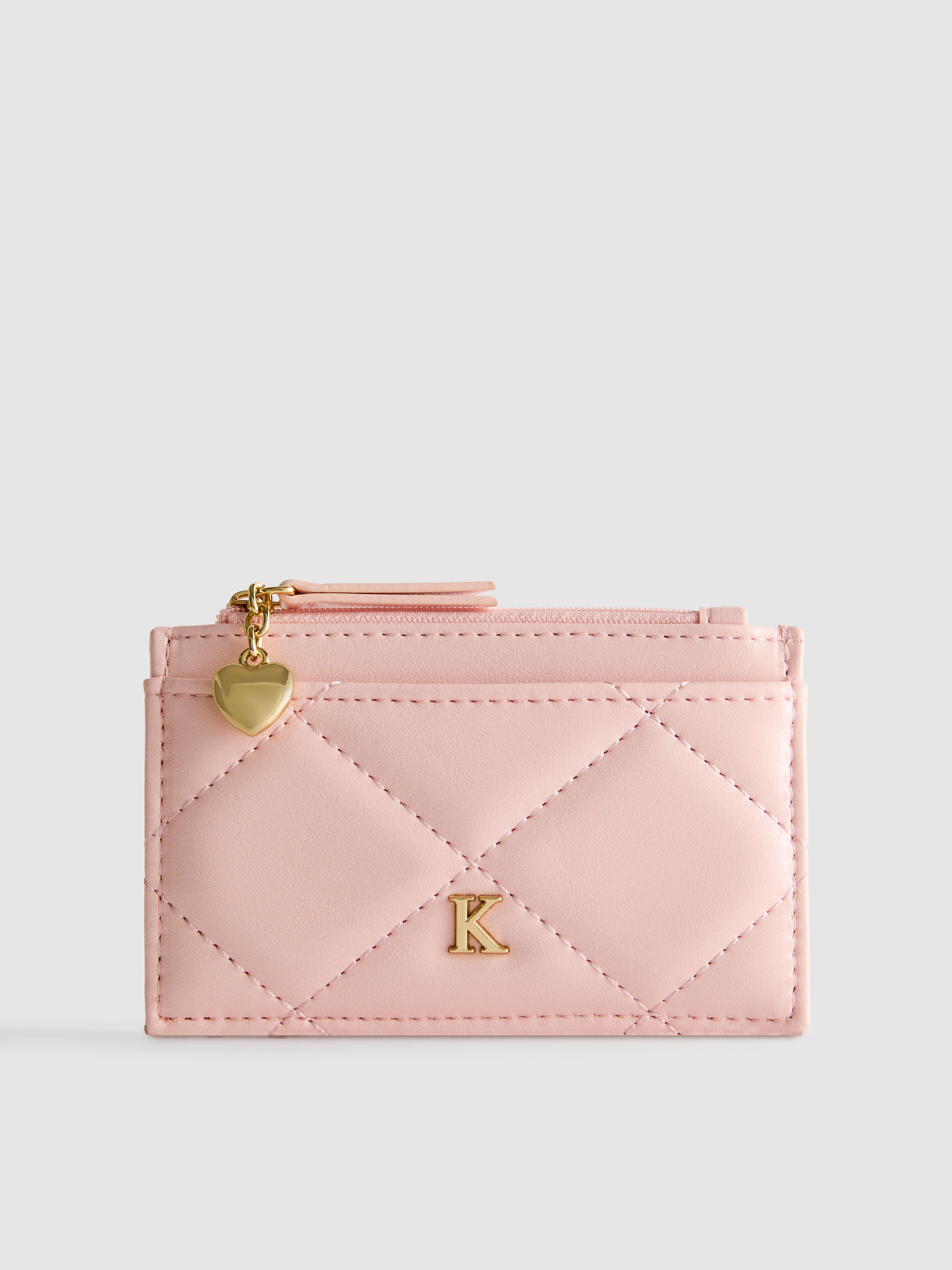 Faux Leather Quilted Initial Card Holder Pink
