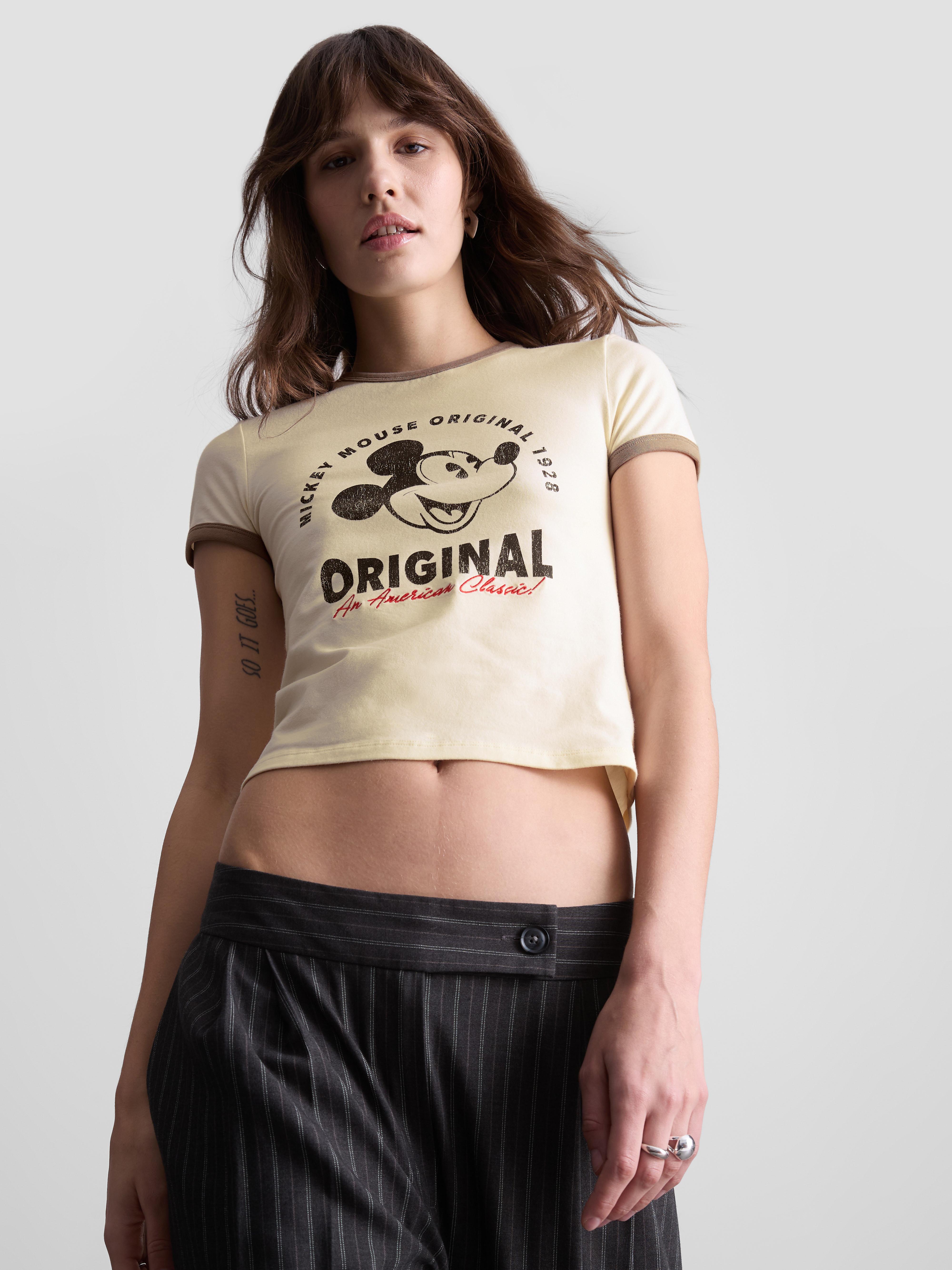Women's Cream Disney’s Mickey Mouse Cropped Ringer Tee