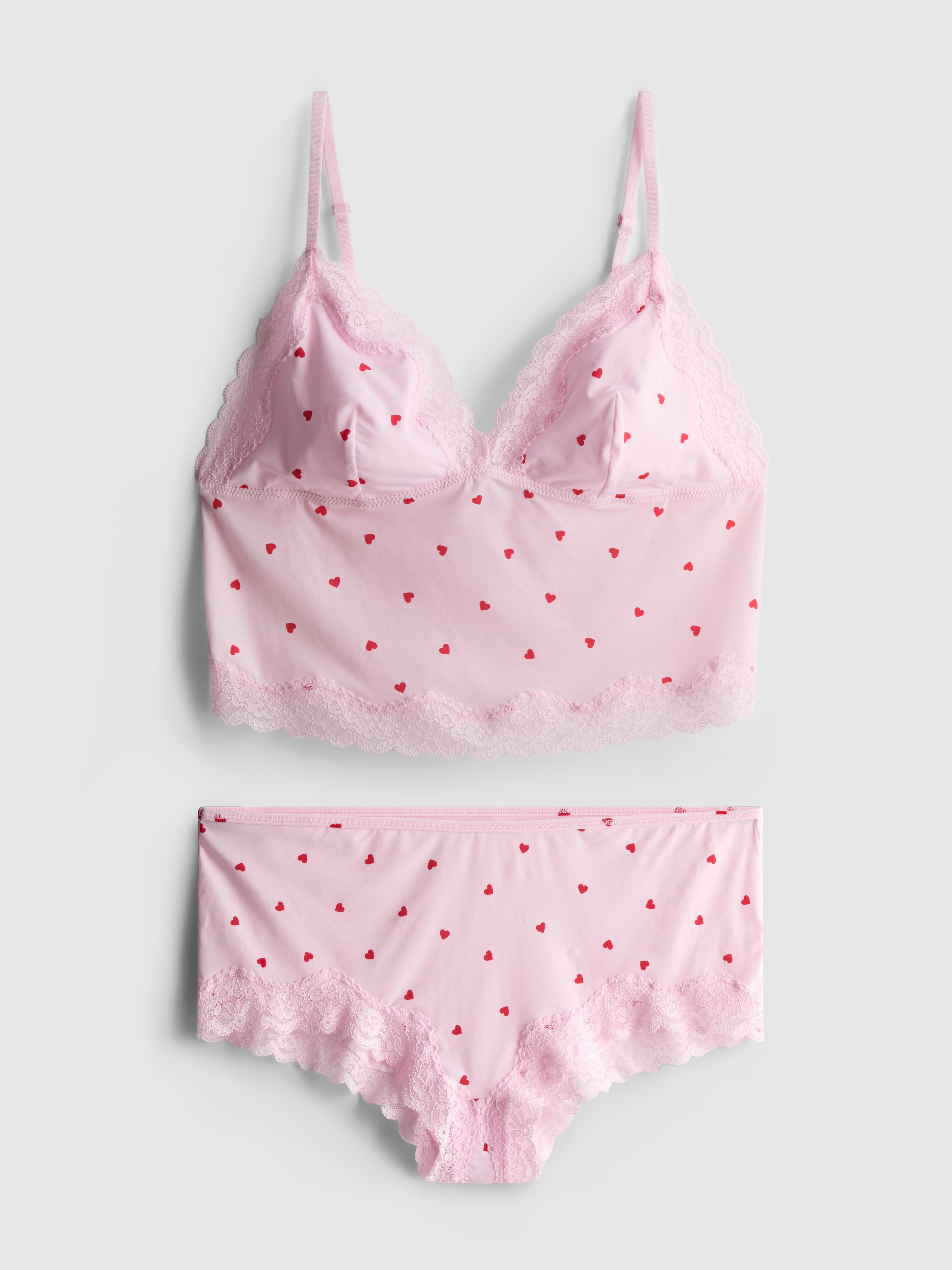 Women's Pink Heart Print Lace-Trim Cami and Briefs Set
