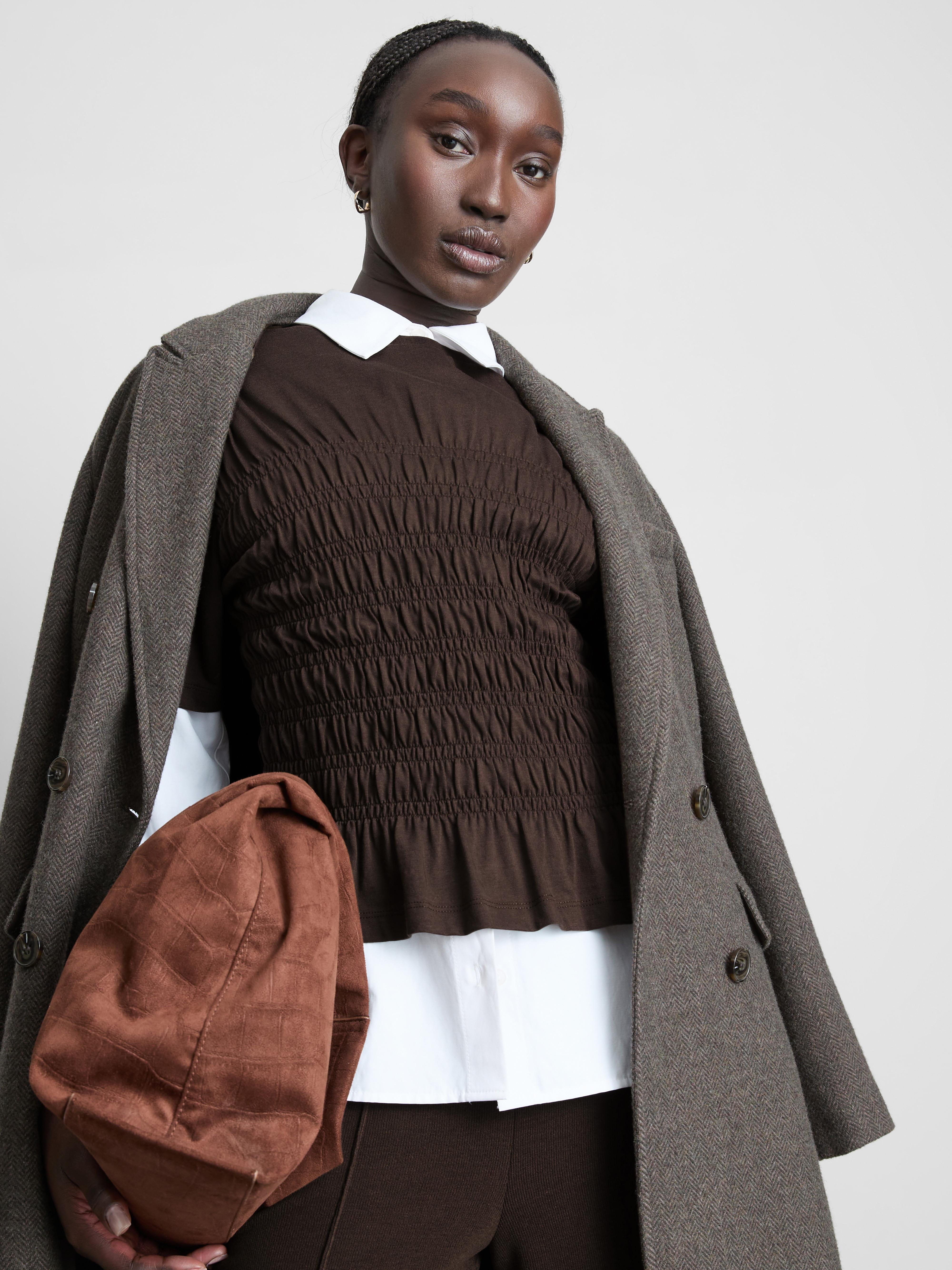 Women's Chocolate Cotton Shirred Bodice Tee