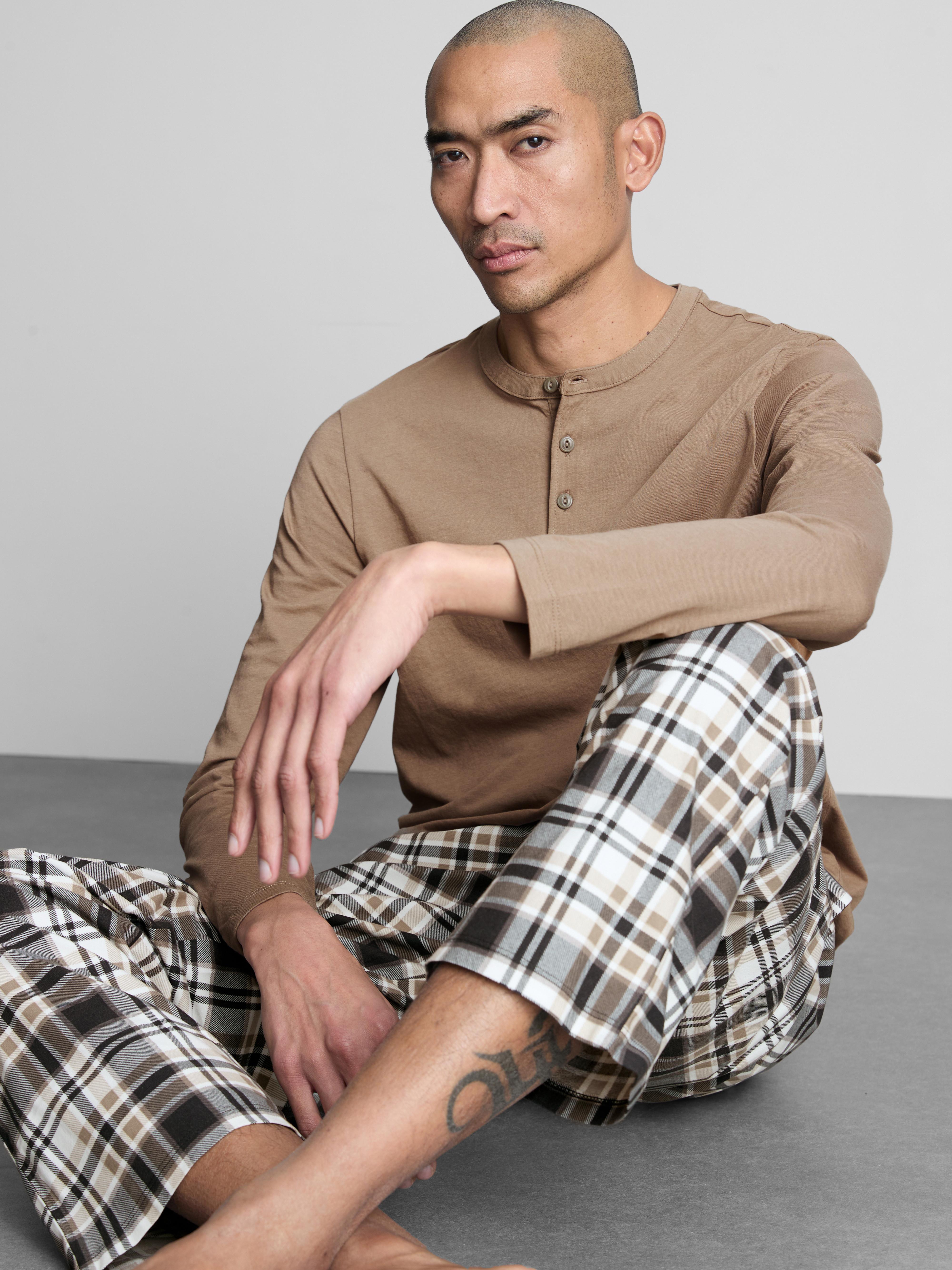 Men's Tan Henley Check Long Pajamas