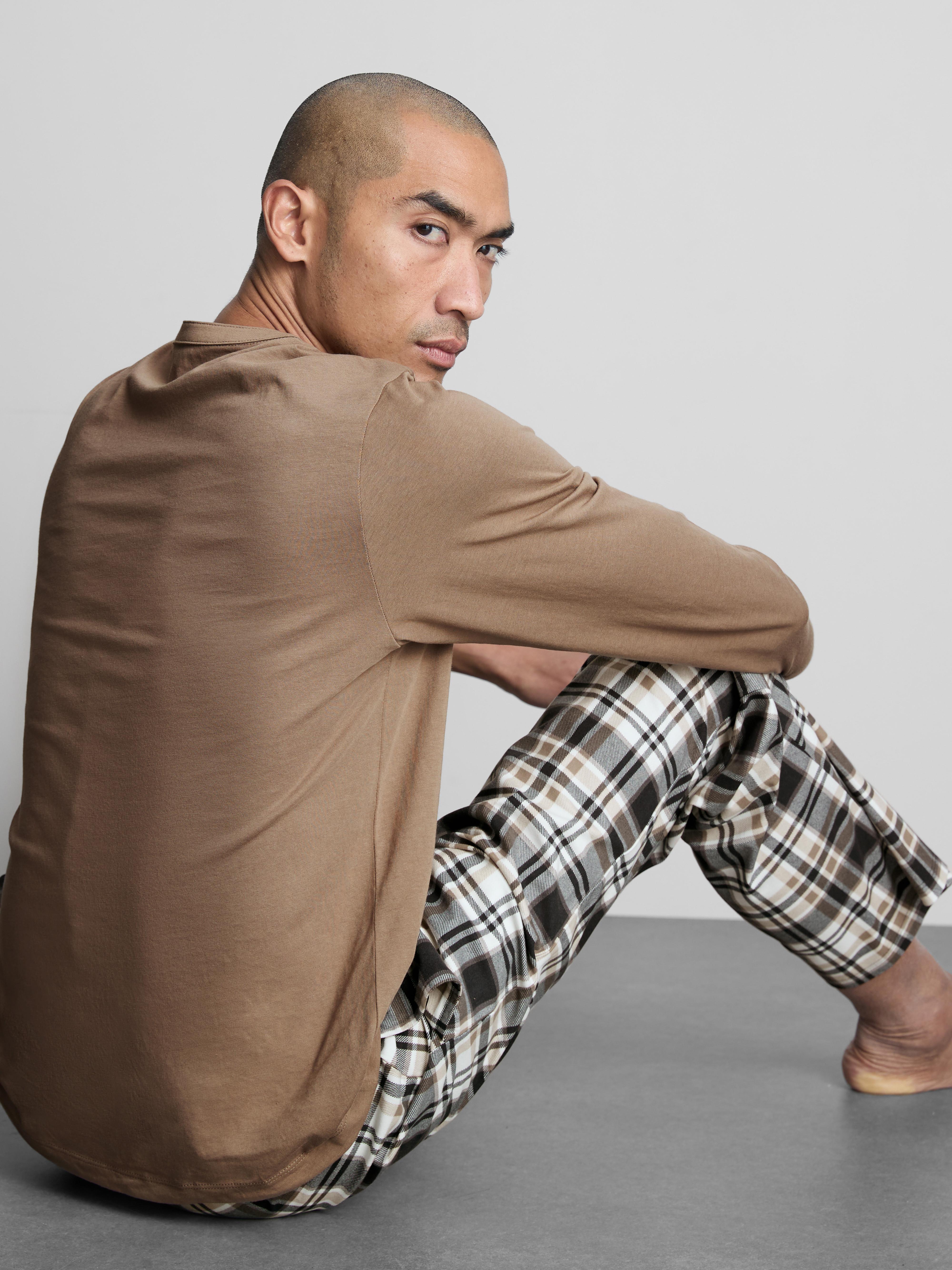 Men's Tan Henley Check Long Pajamas
