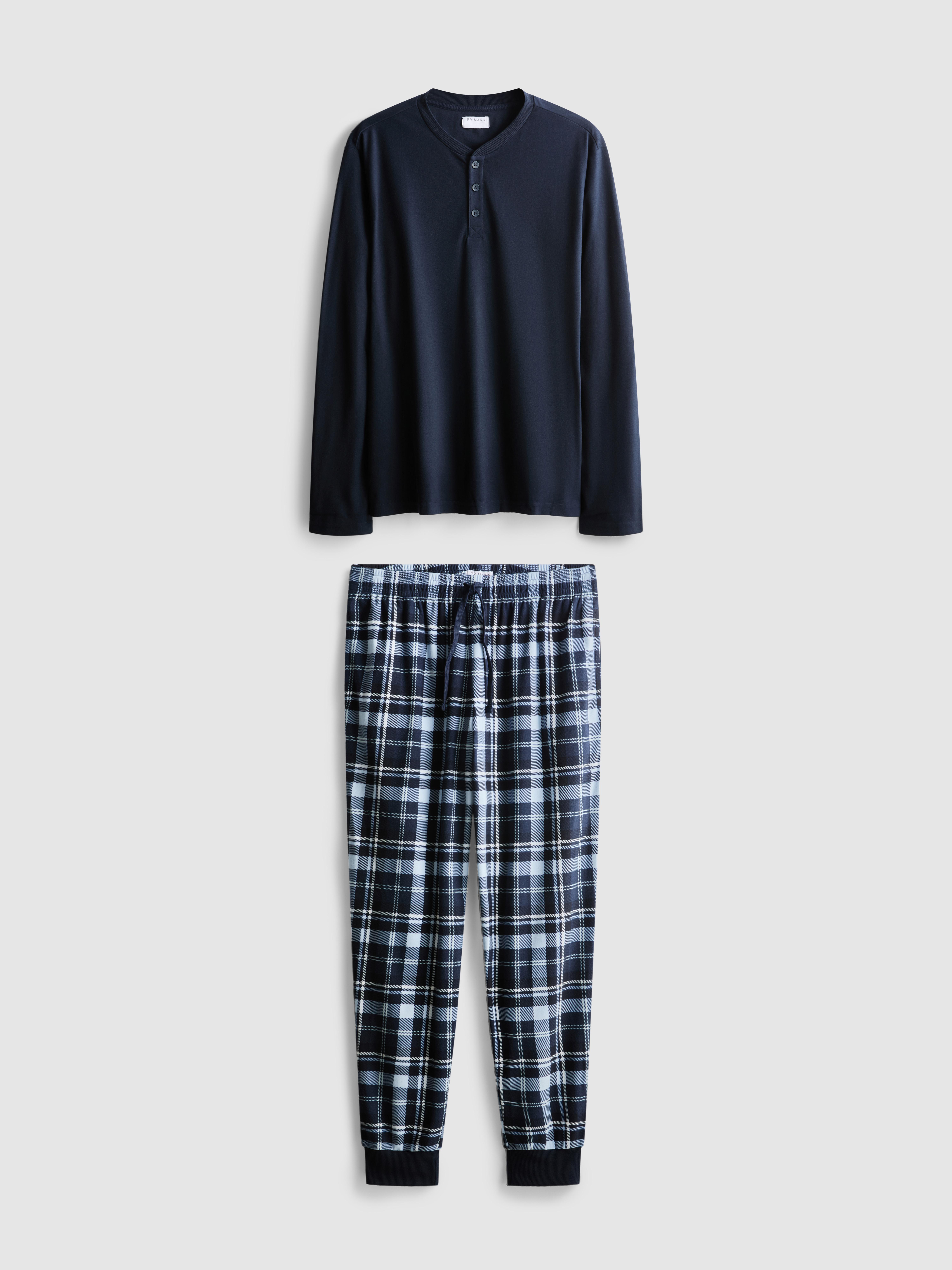 Men's Navy Check Long Pajamas