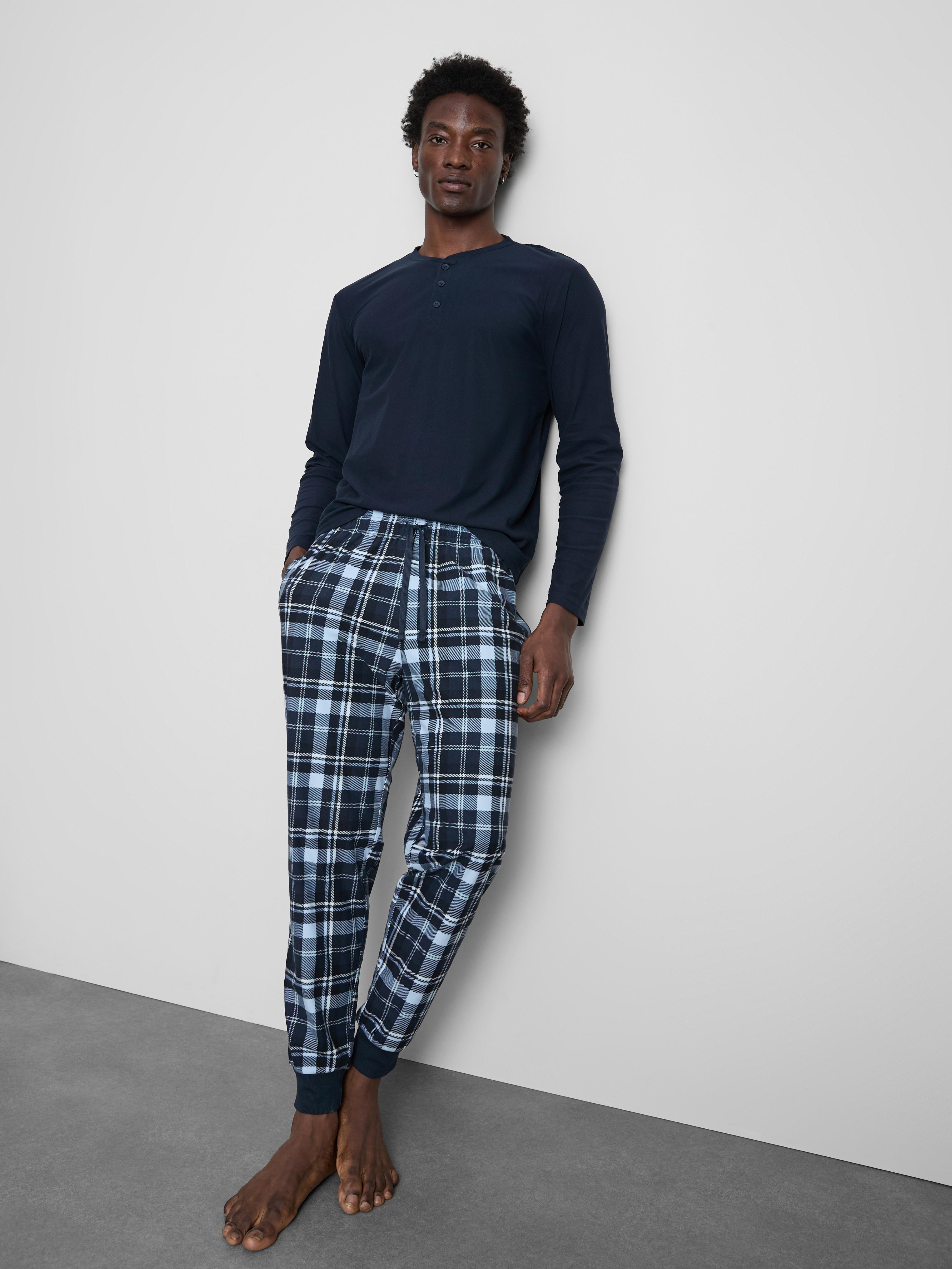 Men's Navy Check Long Pajamas