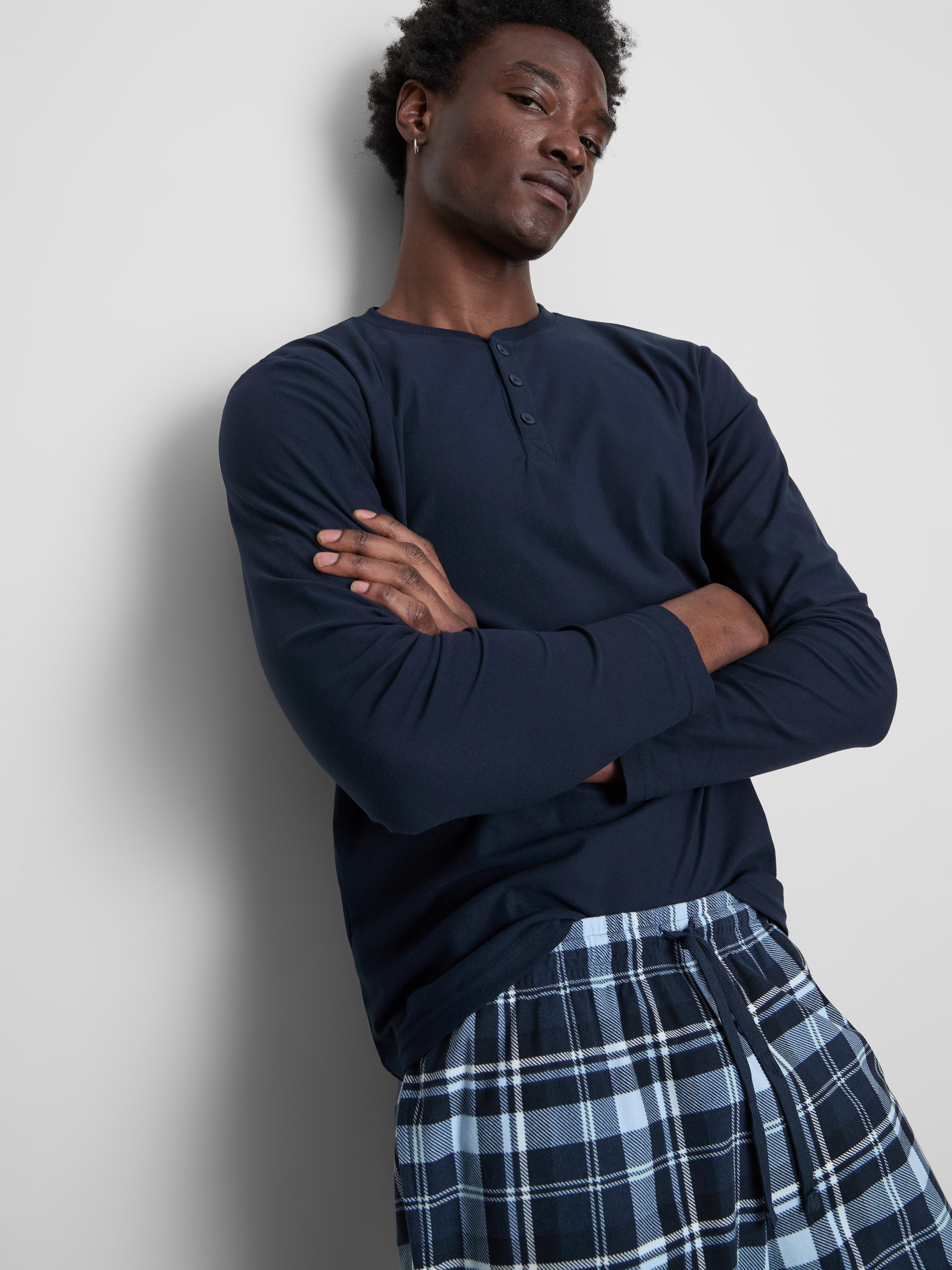 Men's Navy Check Long Pajamas