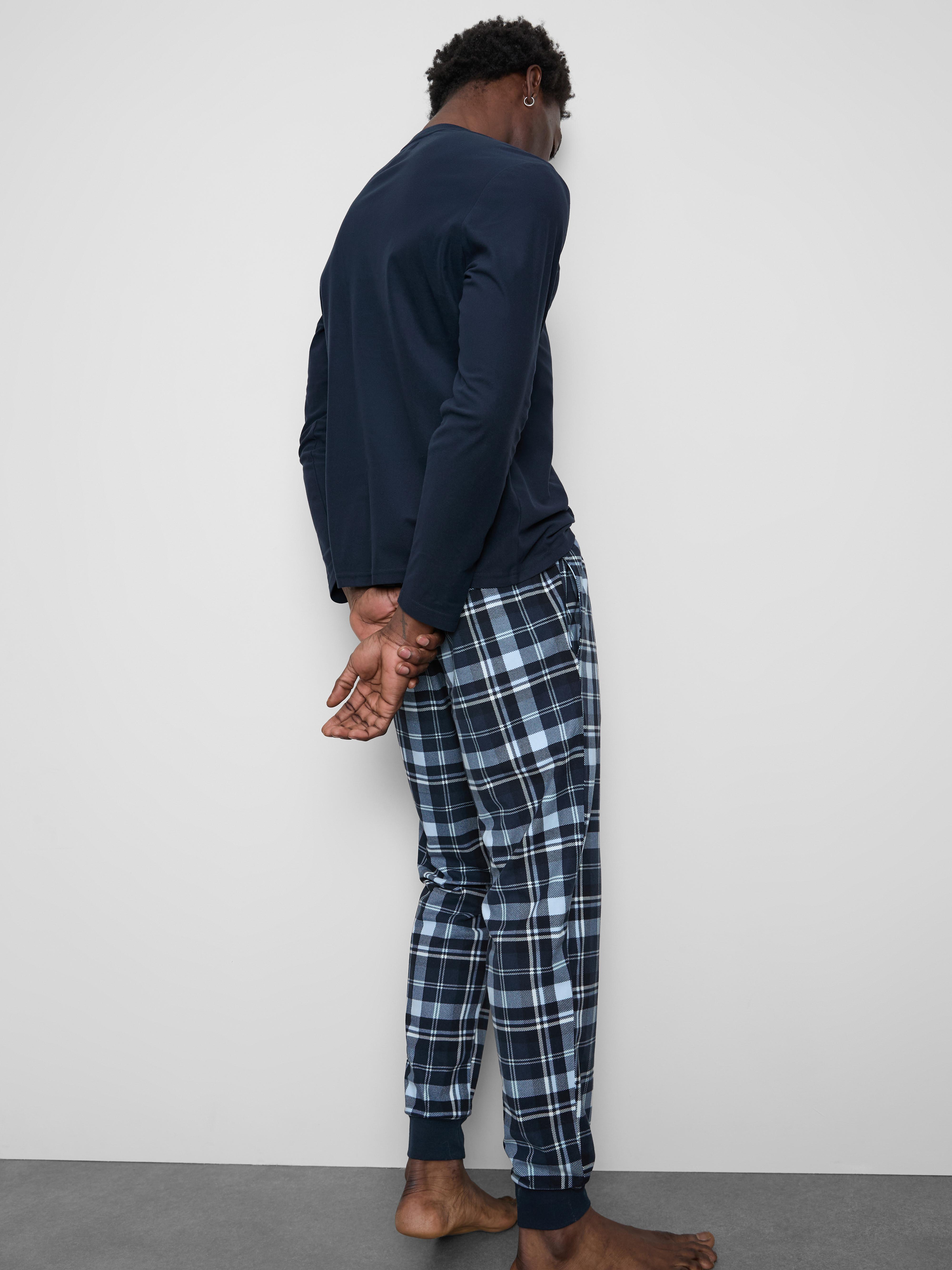 Men's Navy Check Long Pajamas