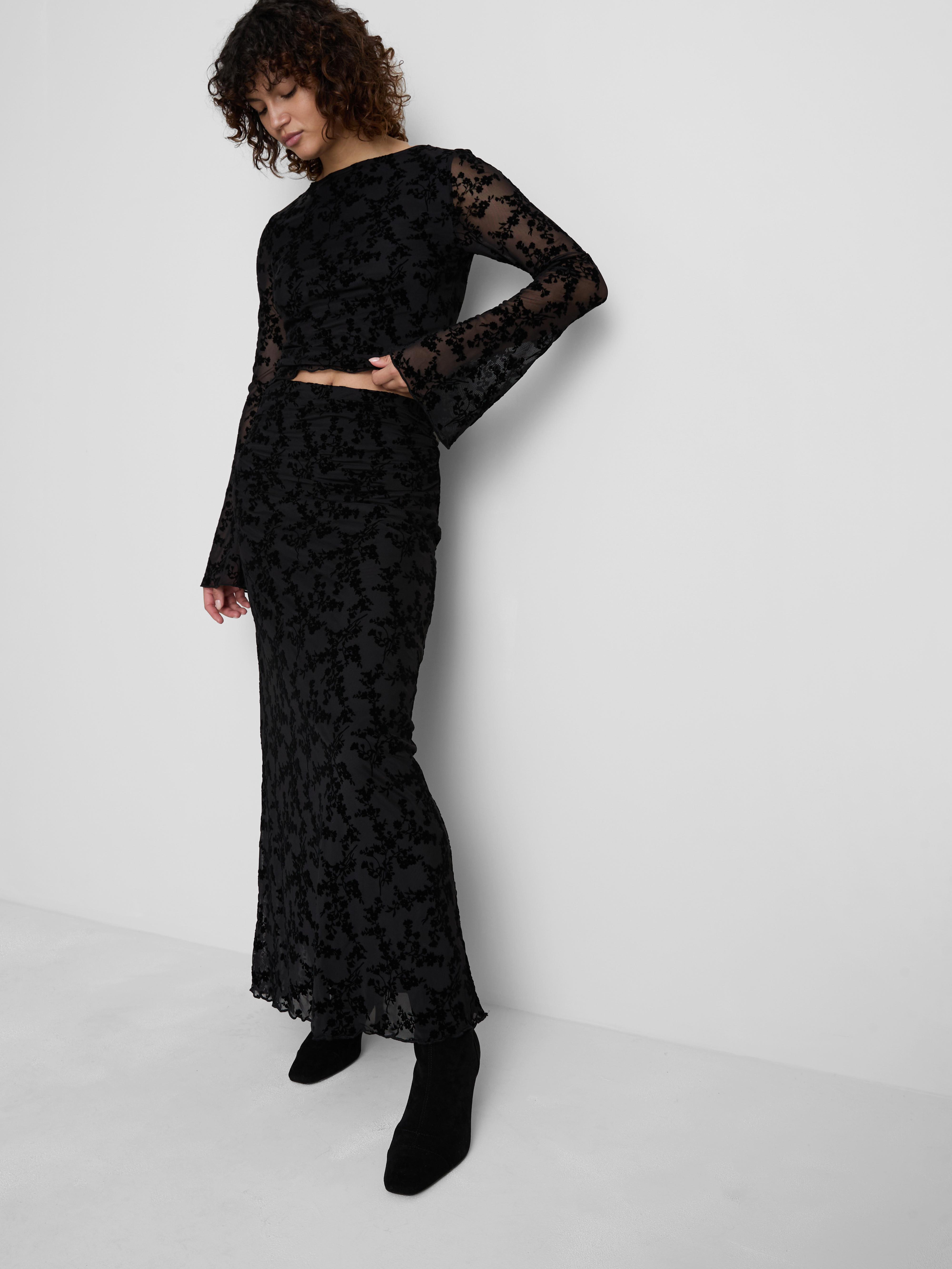 Ruched Long Devore Skirt