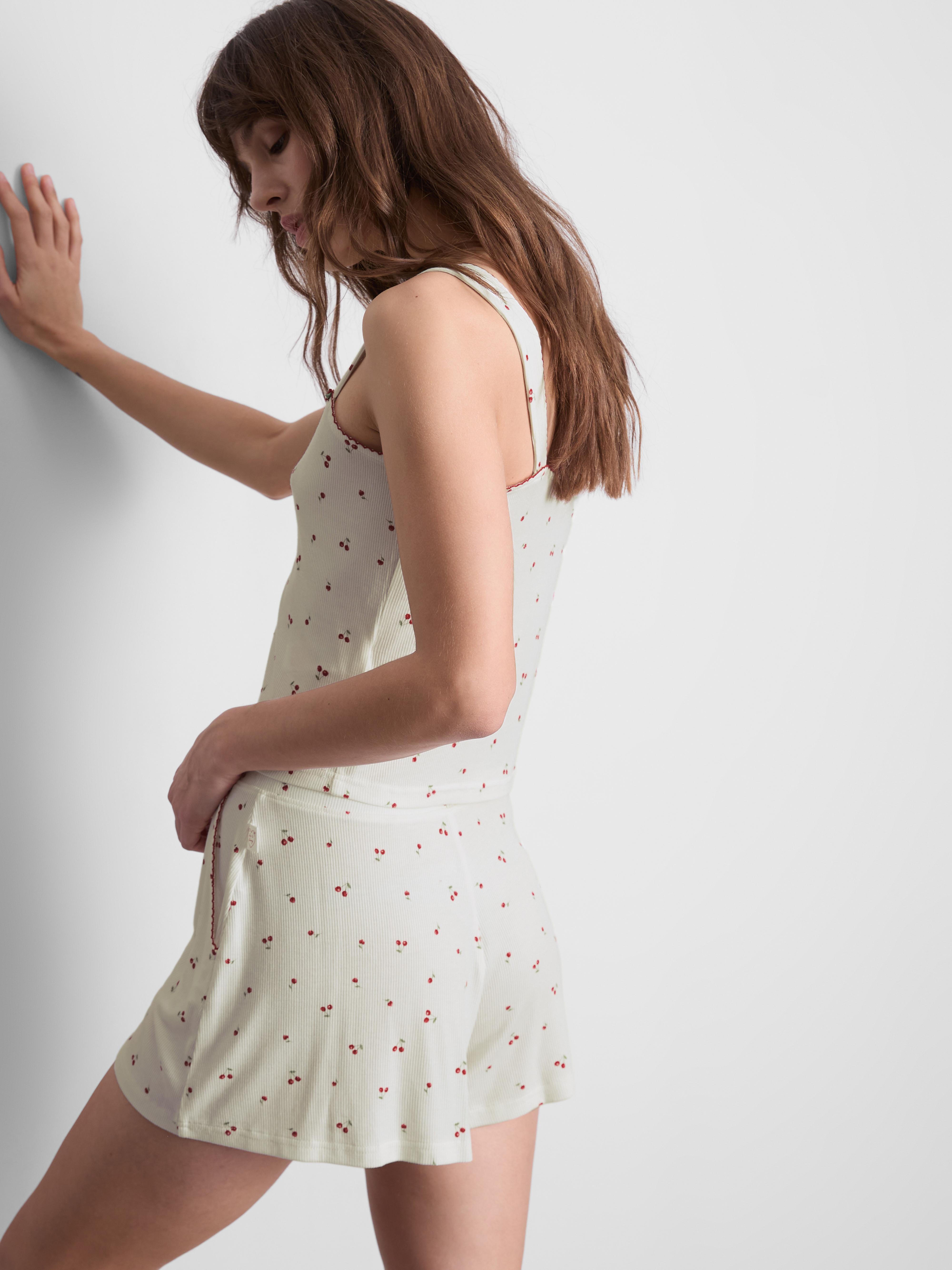 Women's White Ribbed Cherry Pajama Shorts