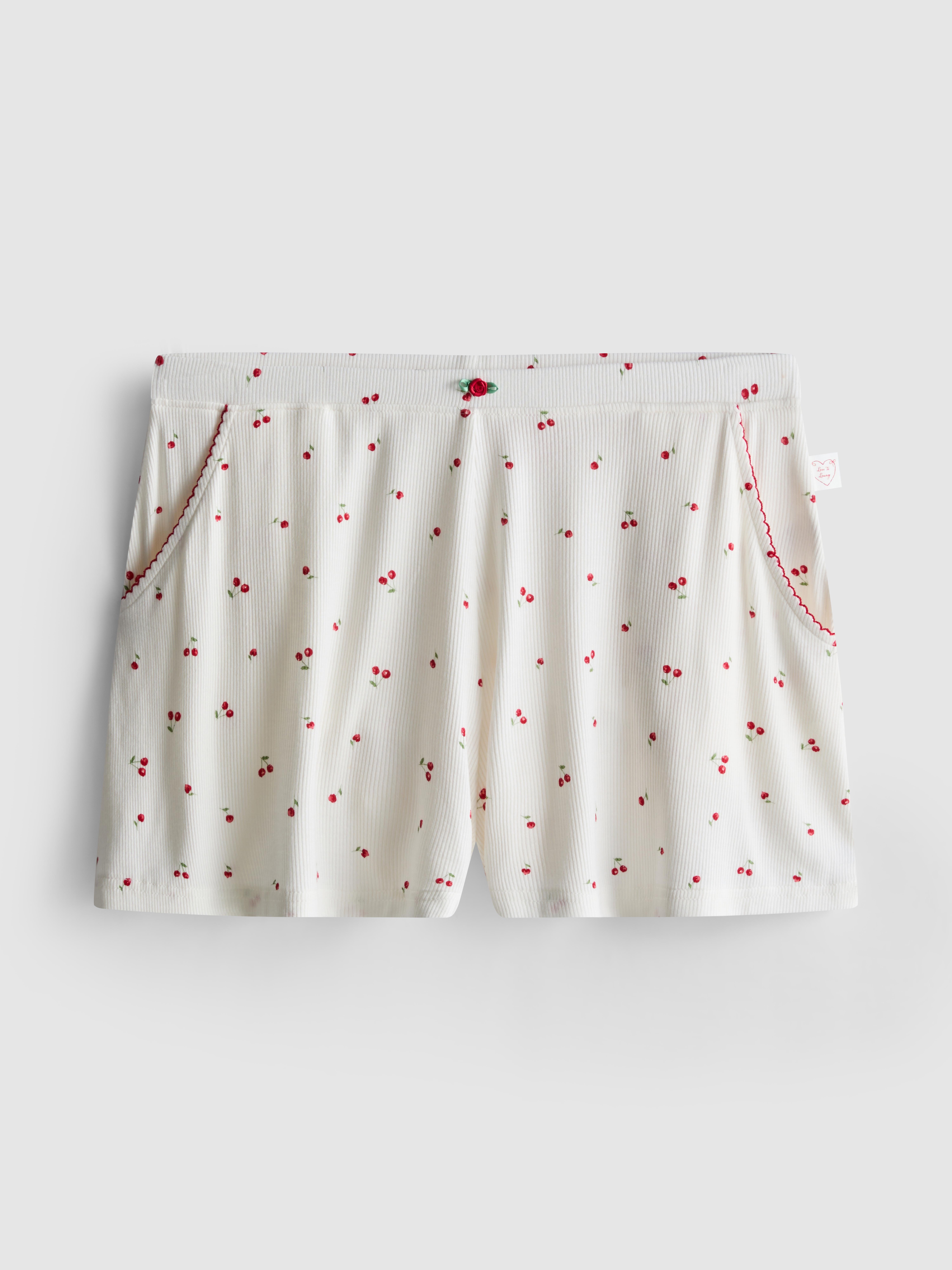 Women's White Ribbed Cherry Pajama Shorts