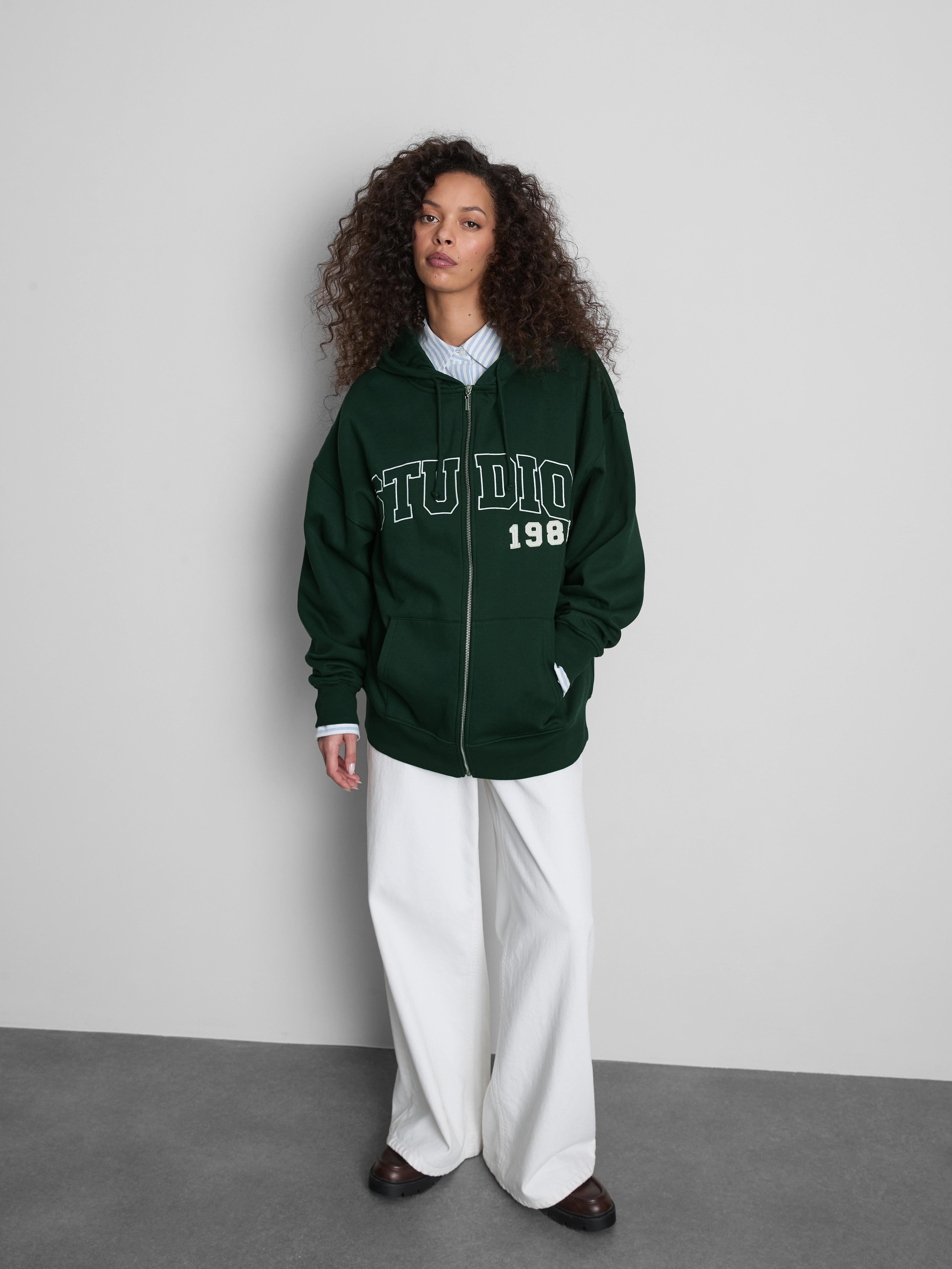 Women's Dark Green Oversized Graphic Zip Through Hoodie