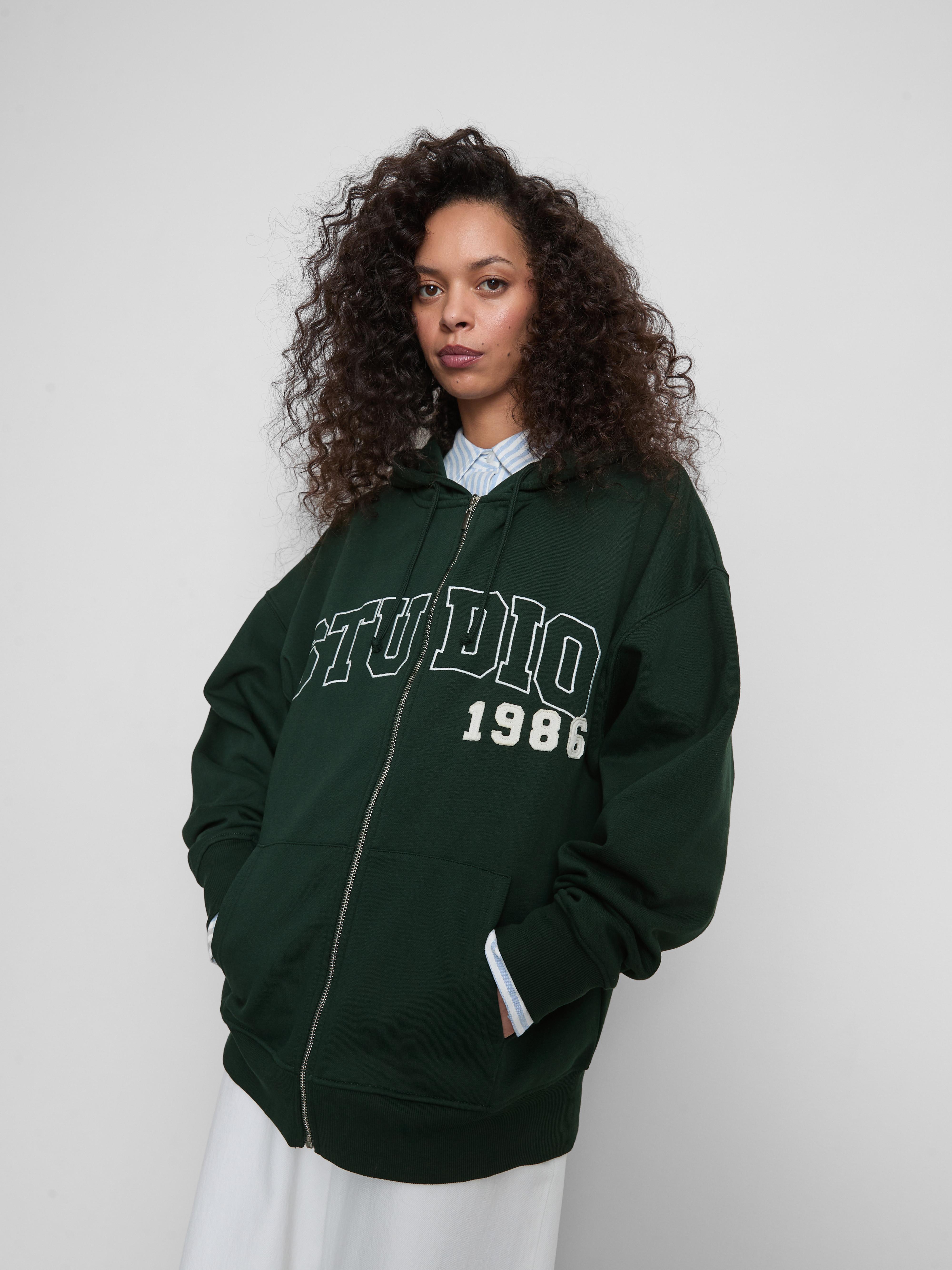 Women's Dark Green Oversized Graphic Zip Through Hoodie