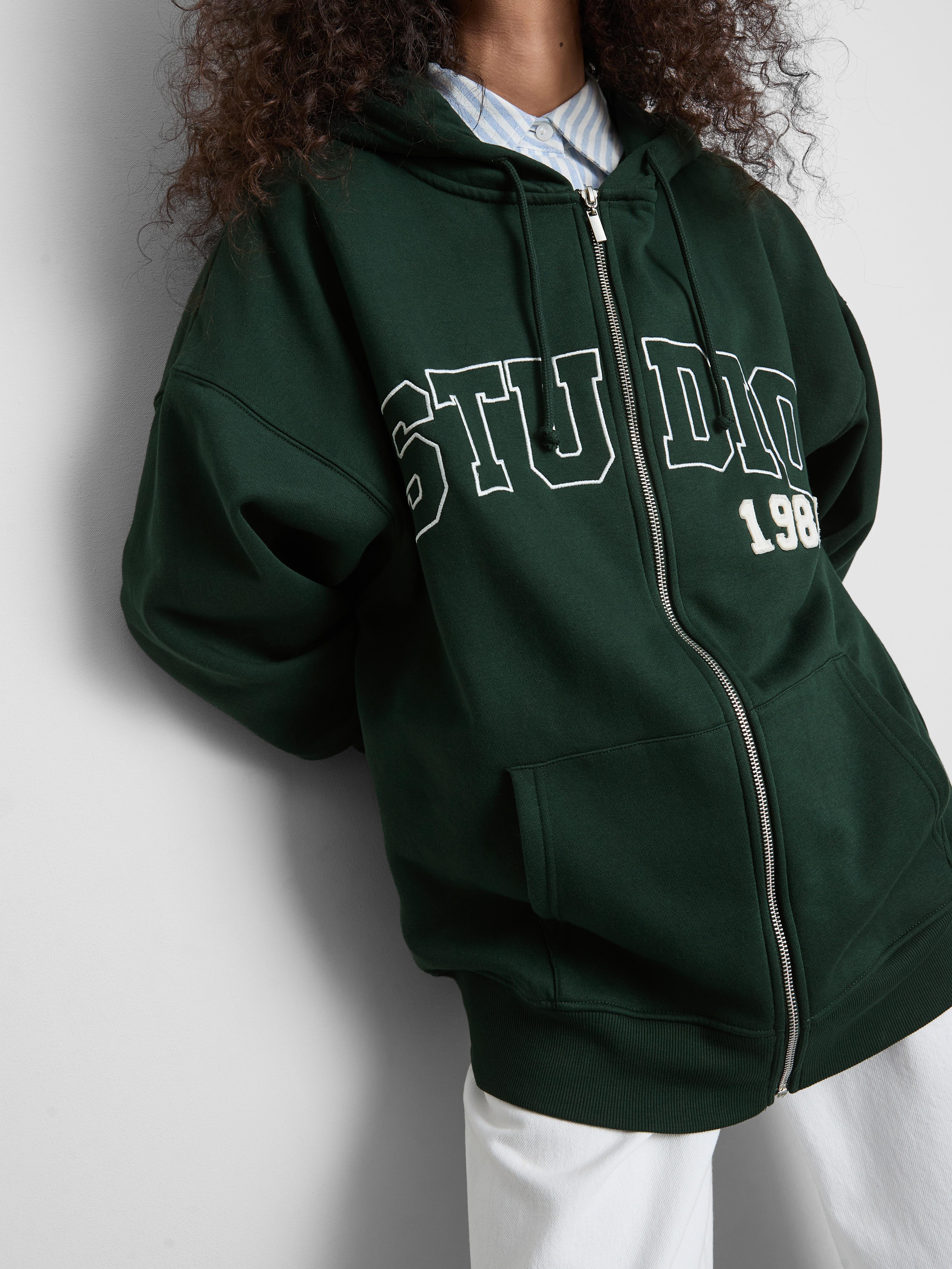 Women's Dark Green Oversized Graphic Zip Through Hoodie