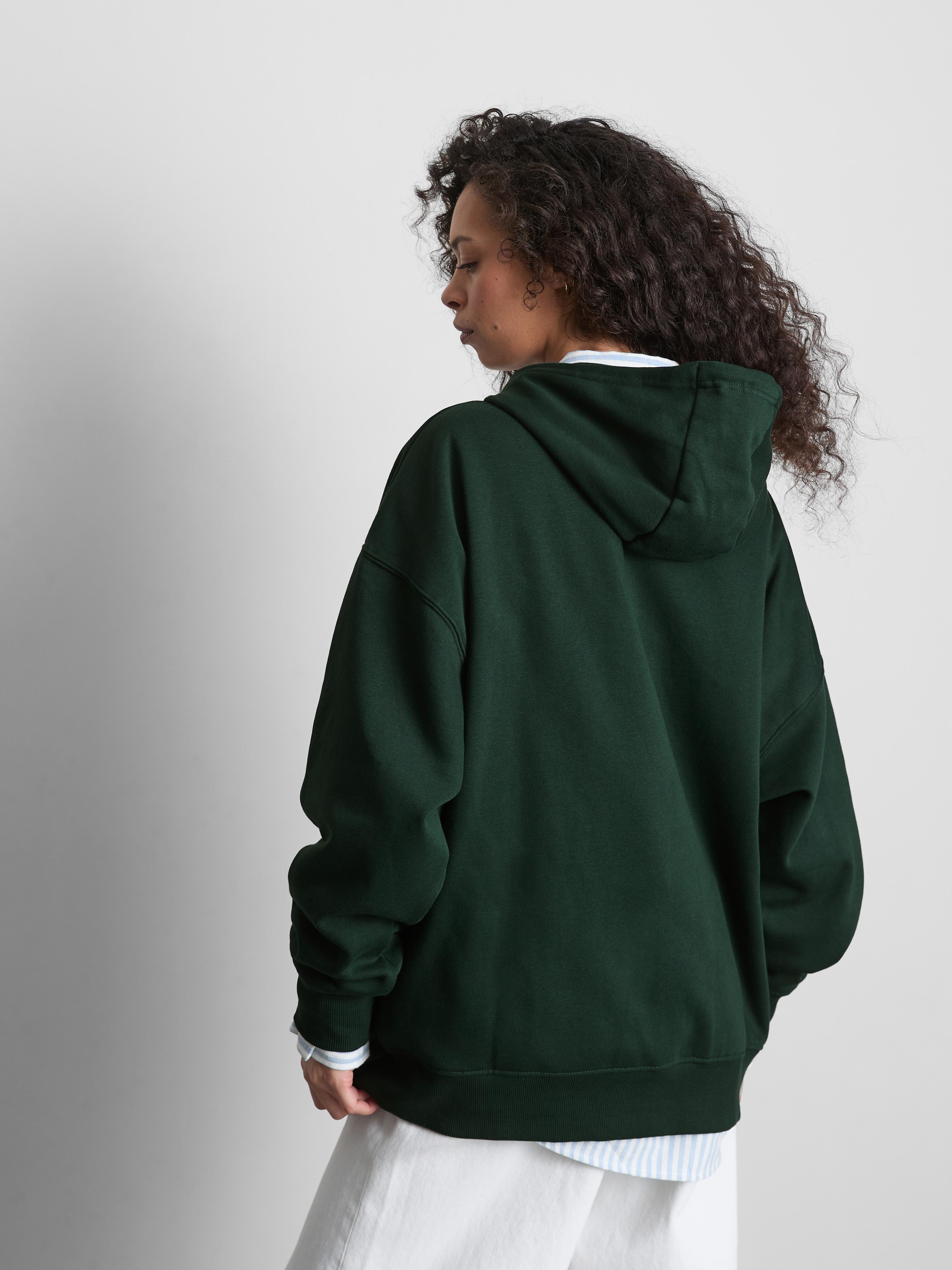 Women's Dark Green Oversized Graphic Zip Through Hoodie