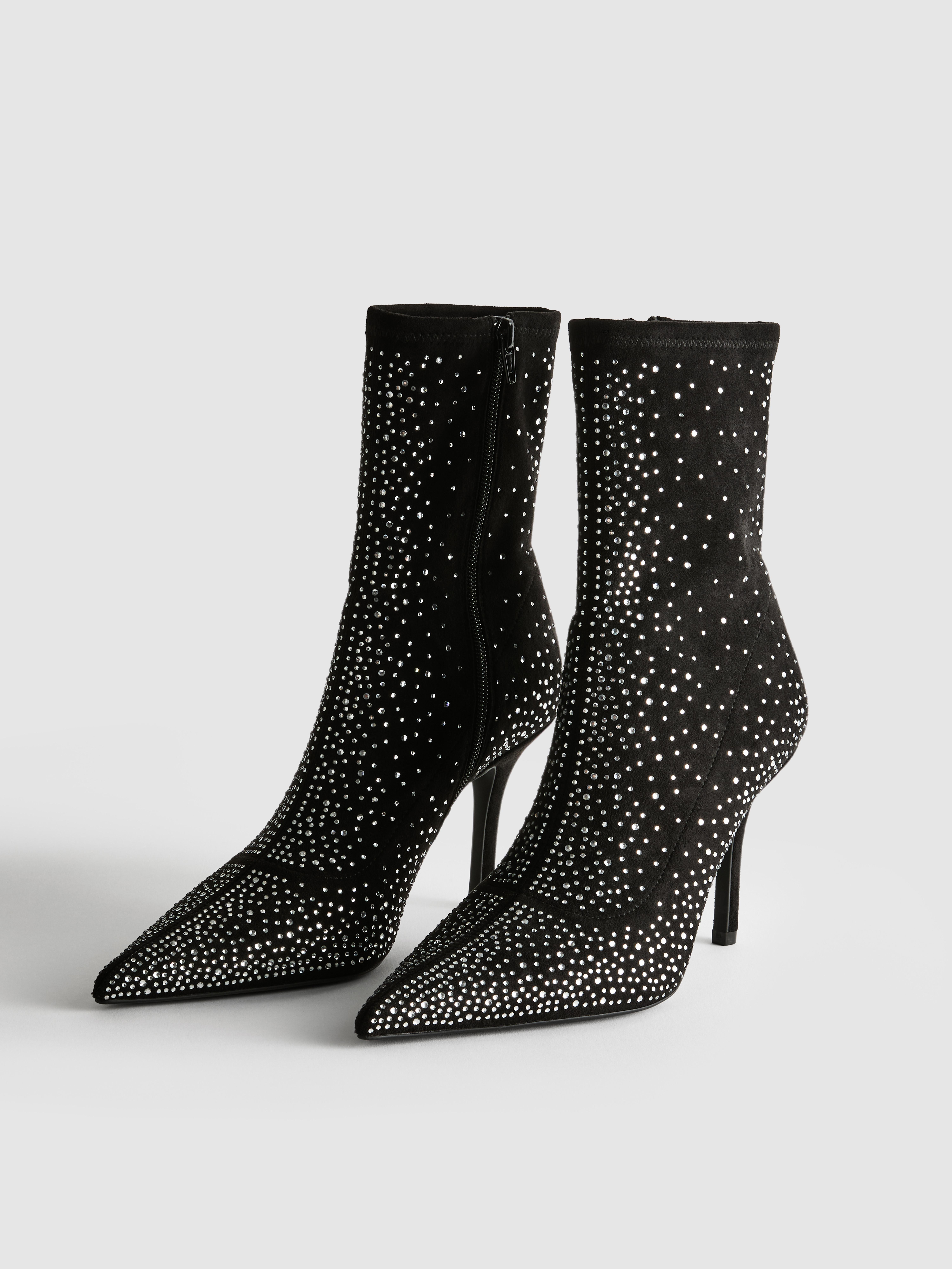 Embellished Diamanté Heeled Sock Boots