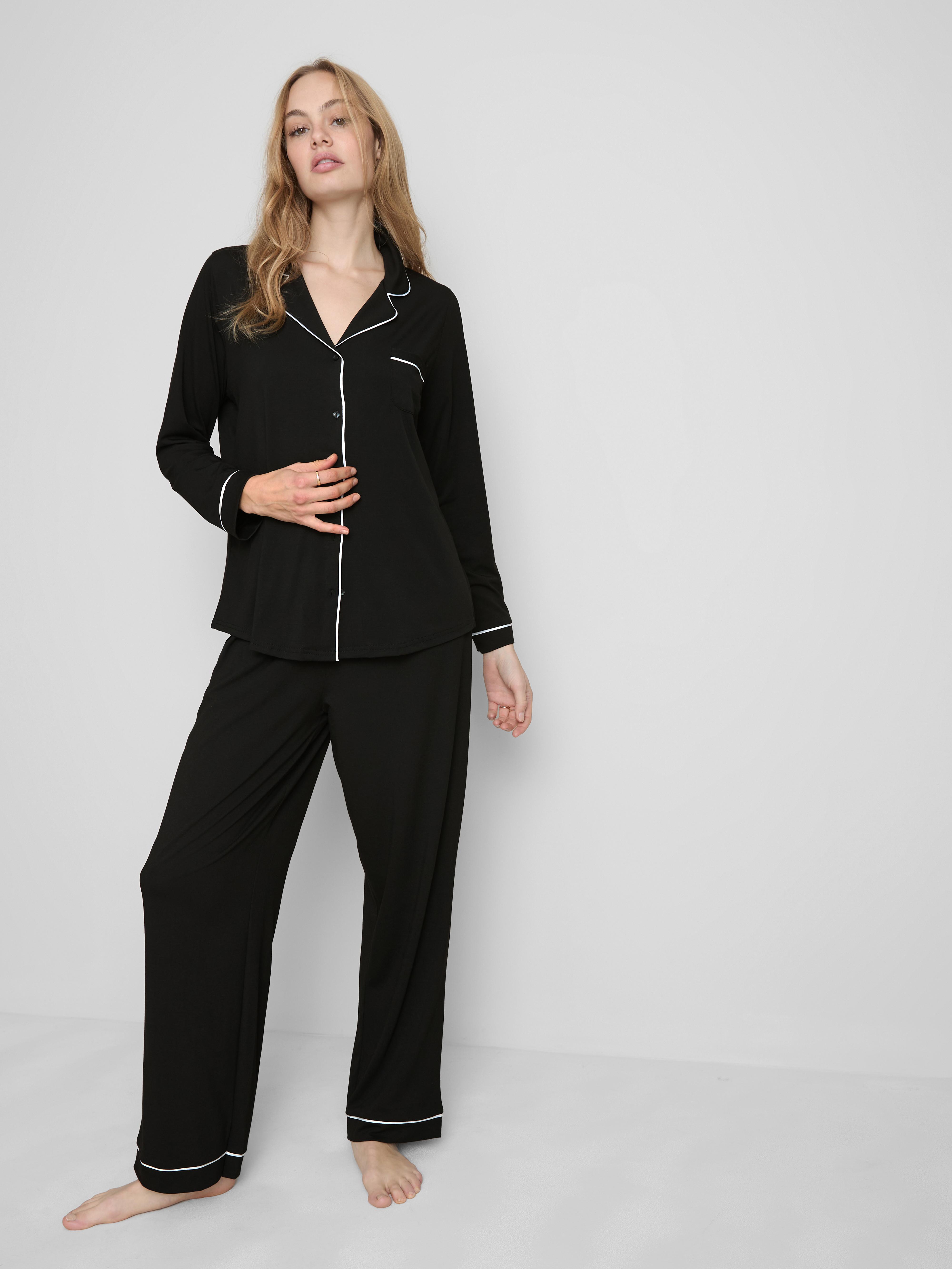 Women's Black Contrast Piping Boyfriend Pajamas