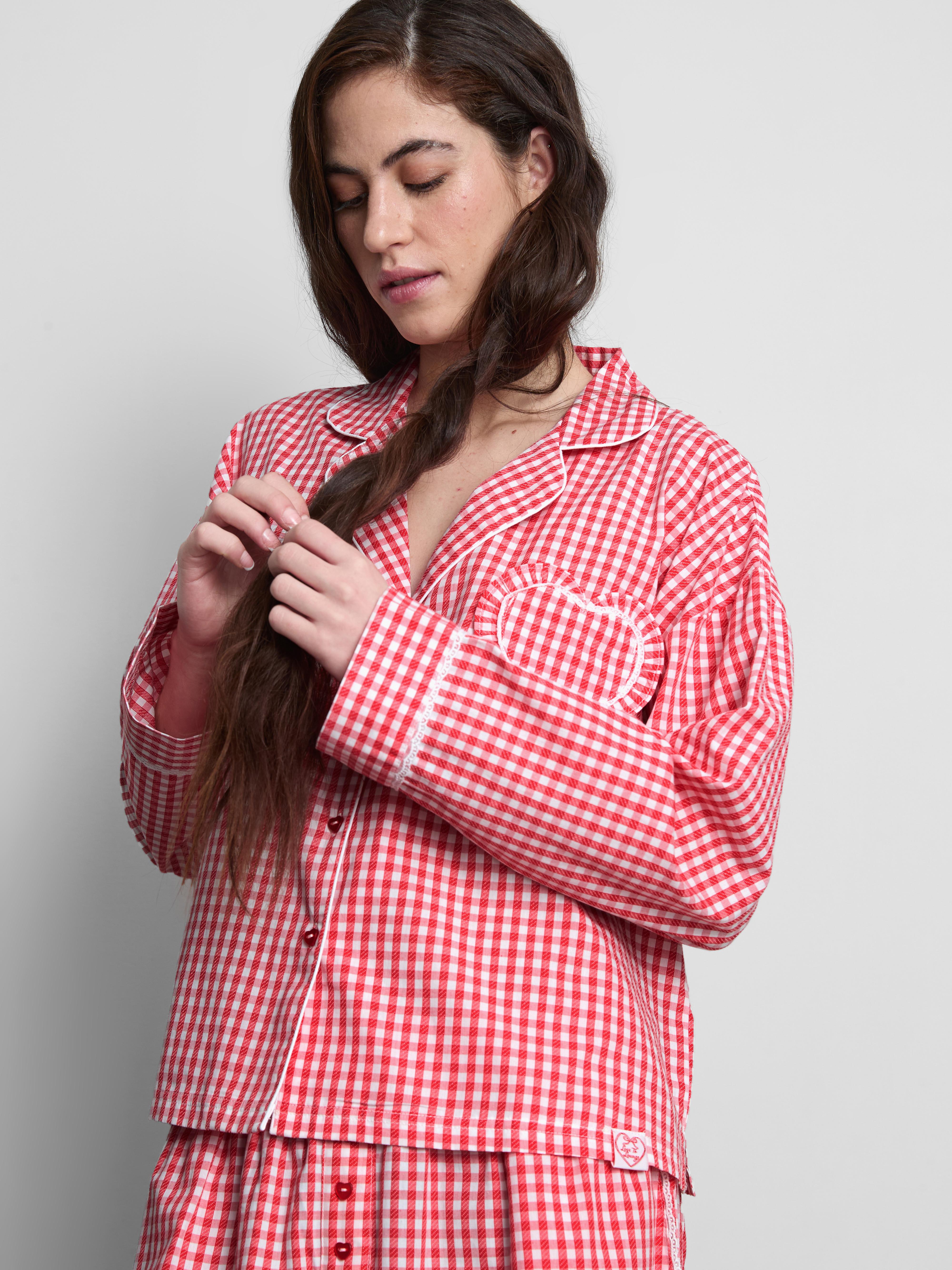 Women's Red Gingham Heart Detail Pajama Shirt