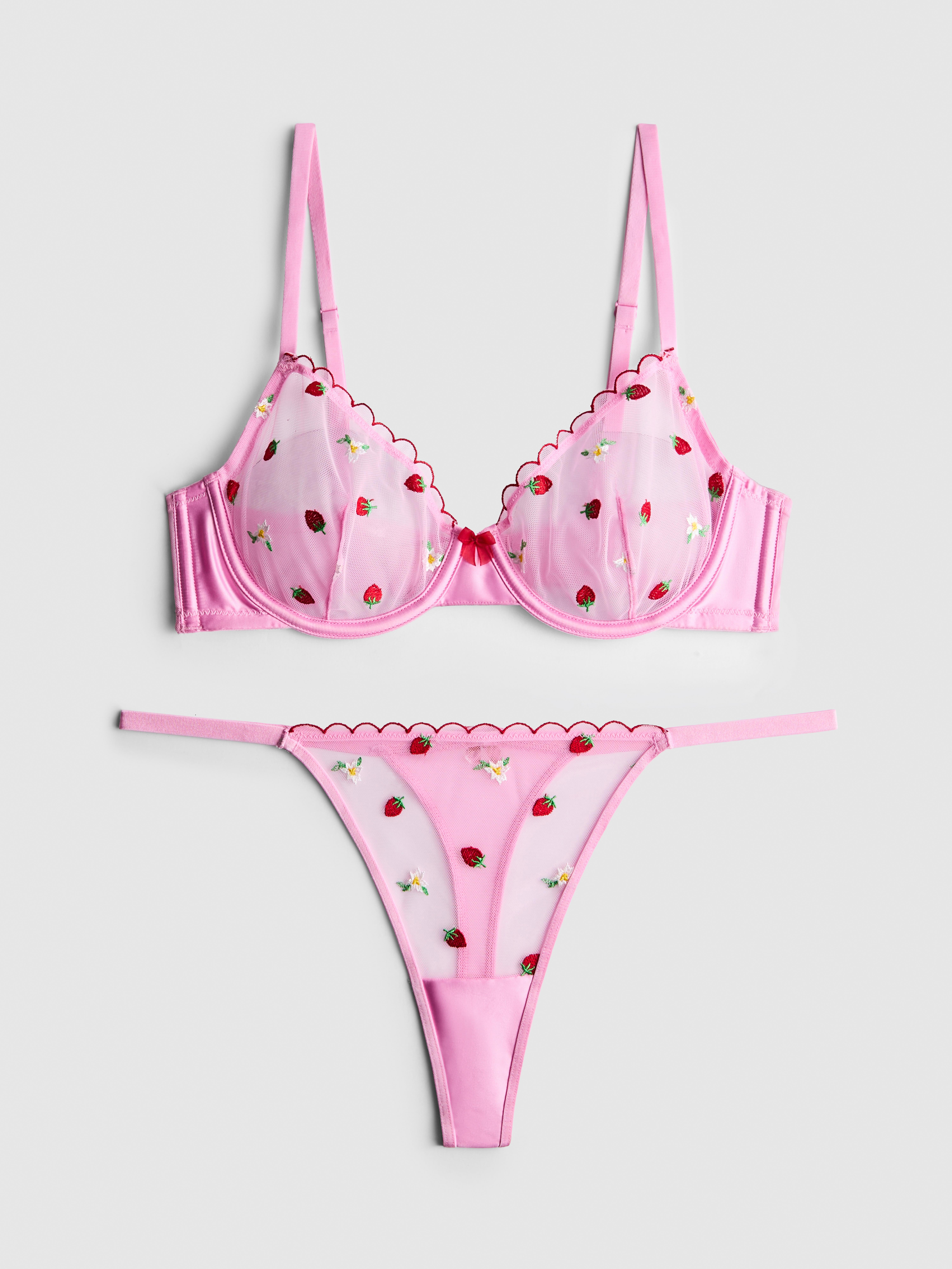 Non-Padded Underwired Embroidered Bra and Thong Set