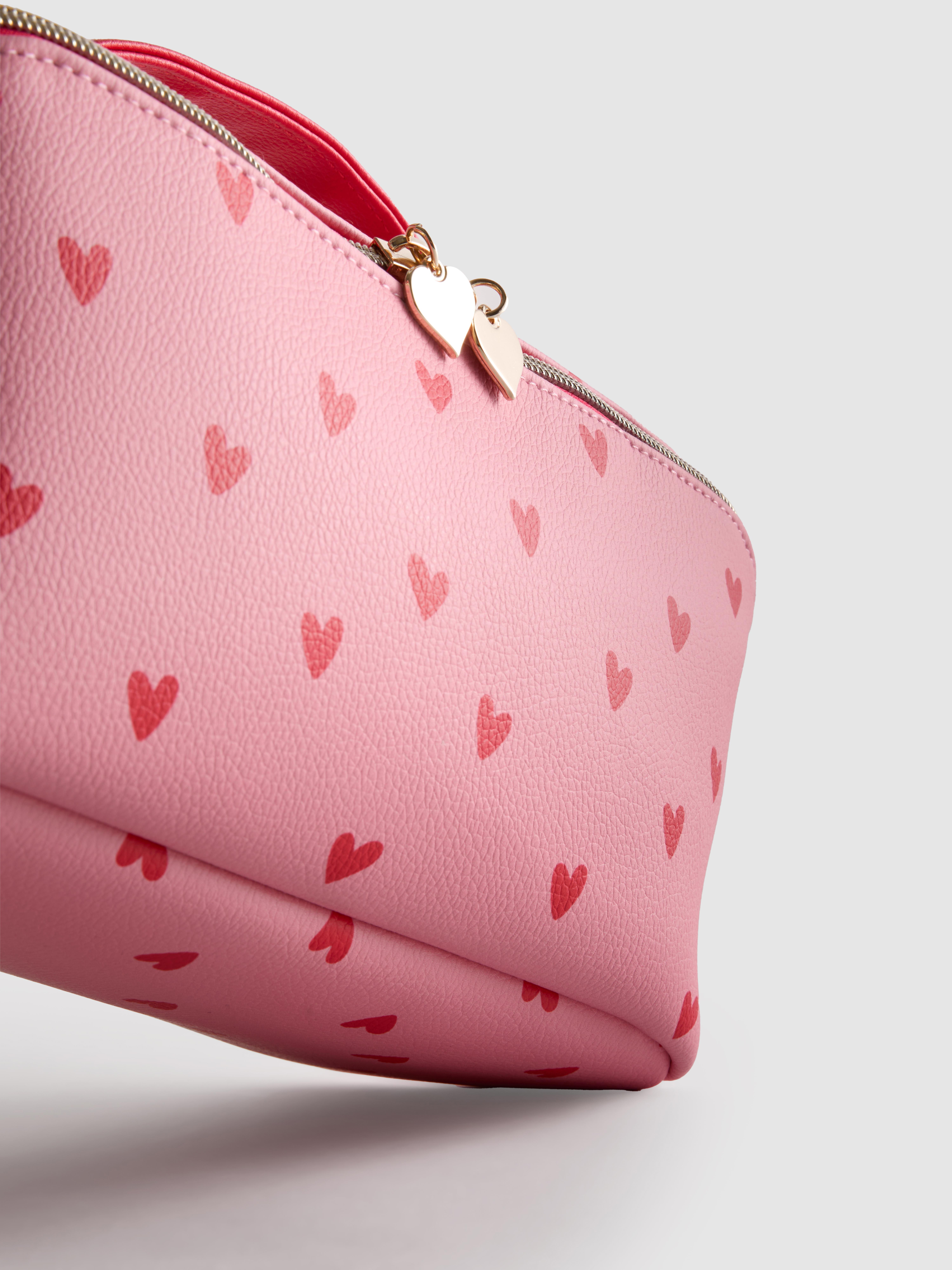 Heart Print Faux Leather Open Flat Makeup Bag