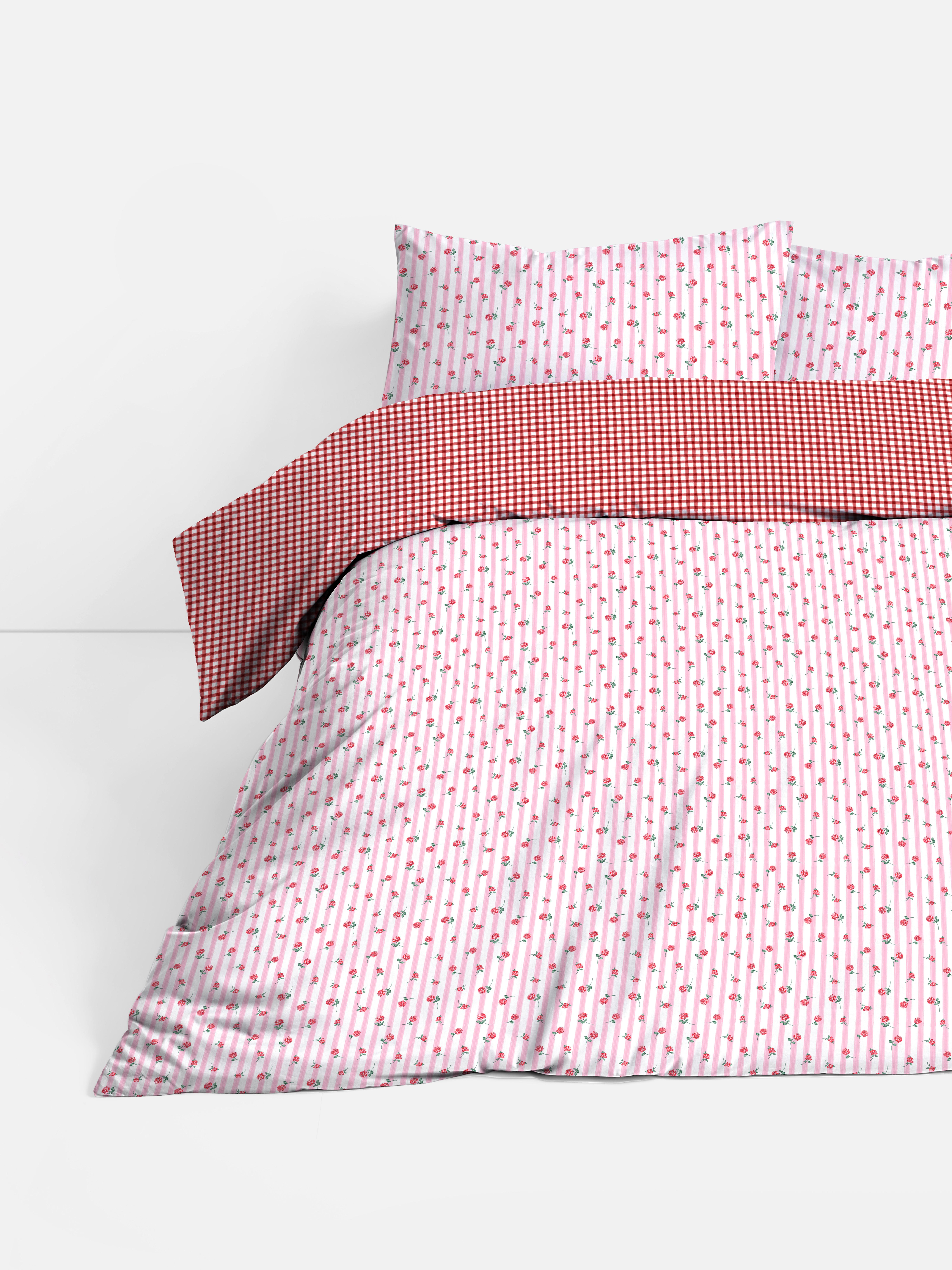 Bettwäscheset mit Vichykaro- und Rosenmuster, Doppelbett