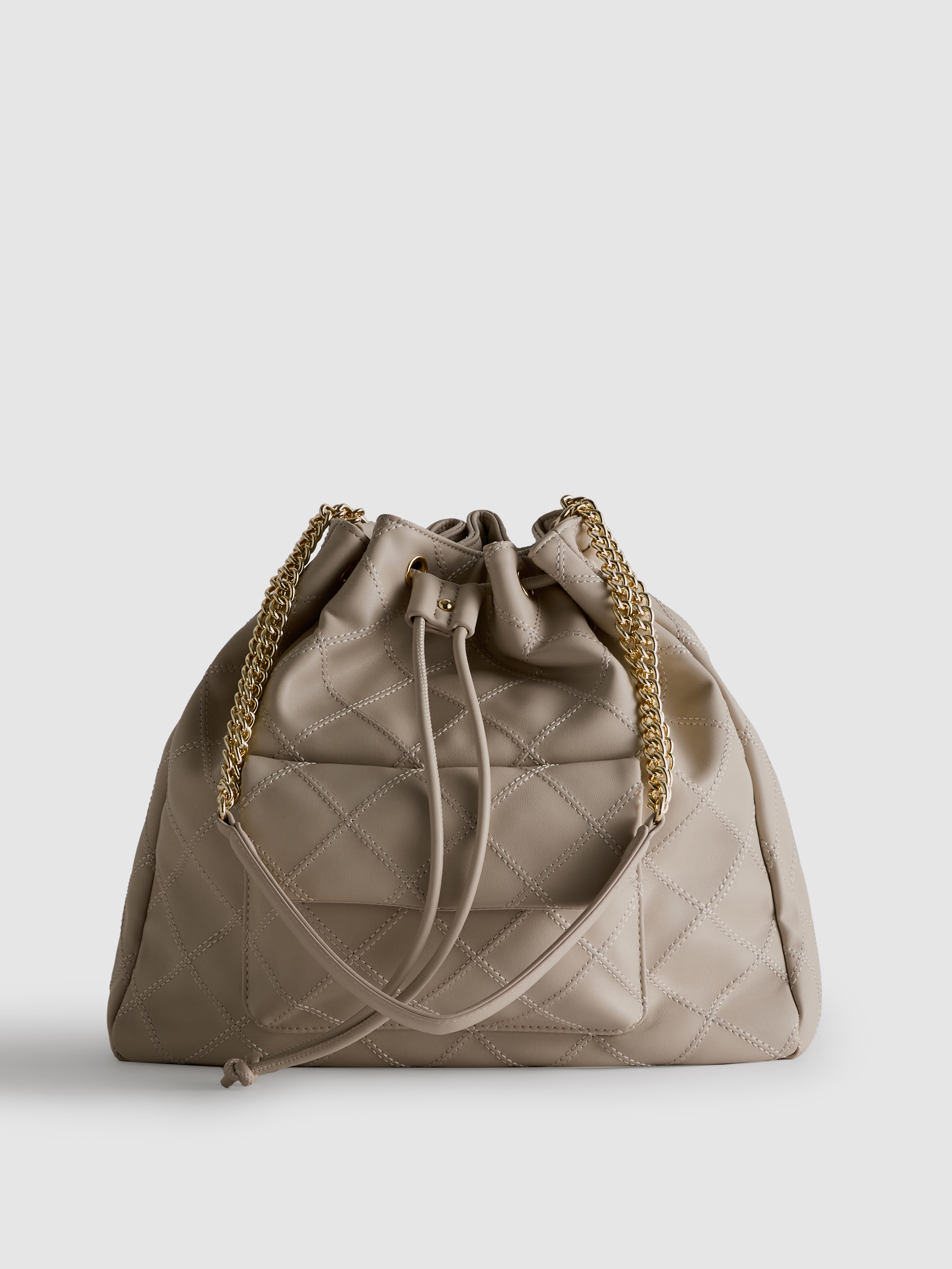 Women's Ivory Quilted Faux Leather Bucket Bag