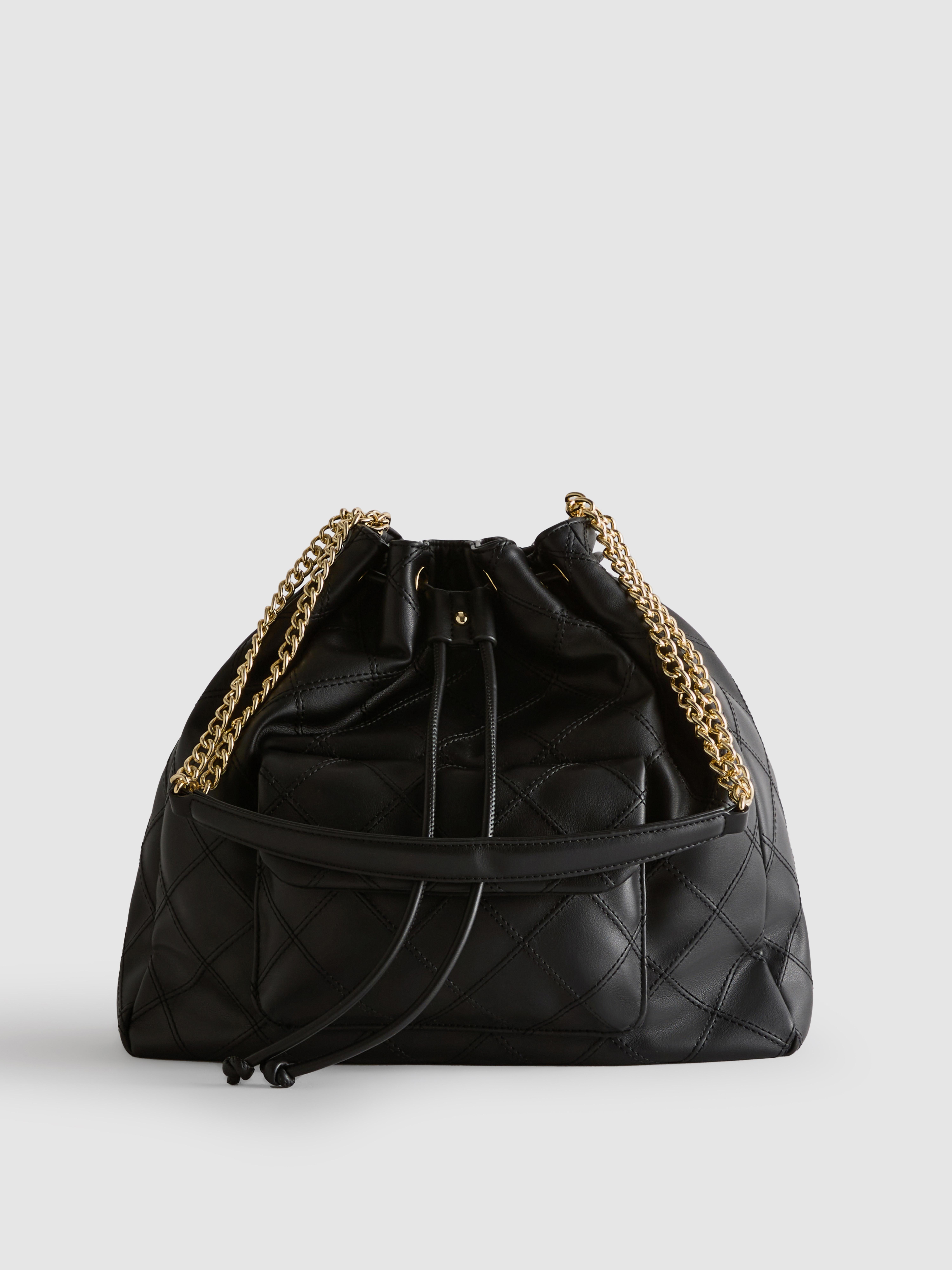 Women's Black Quilted Faux Leather Bucket Bag