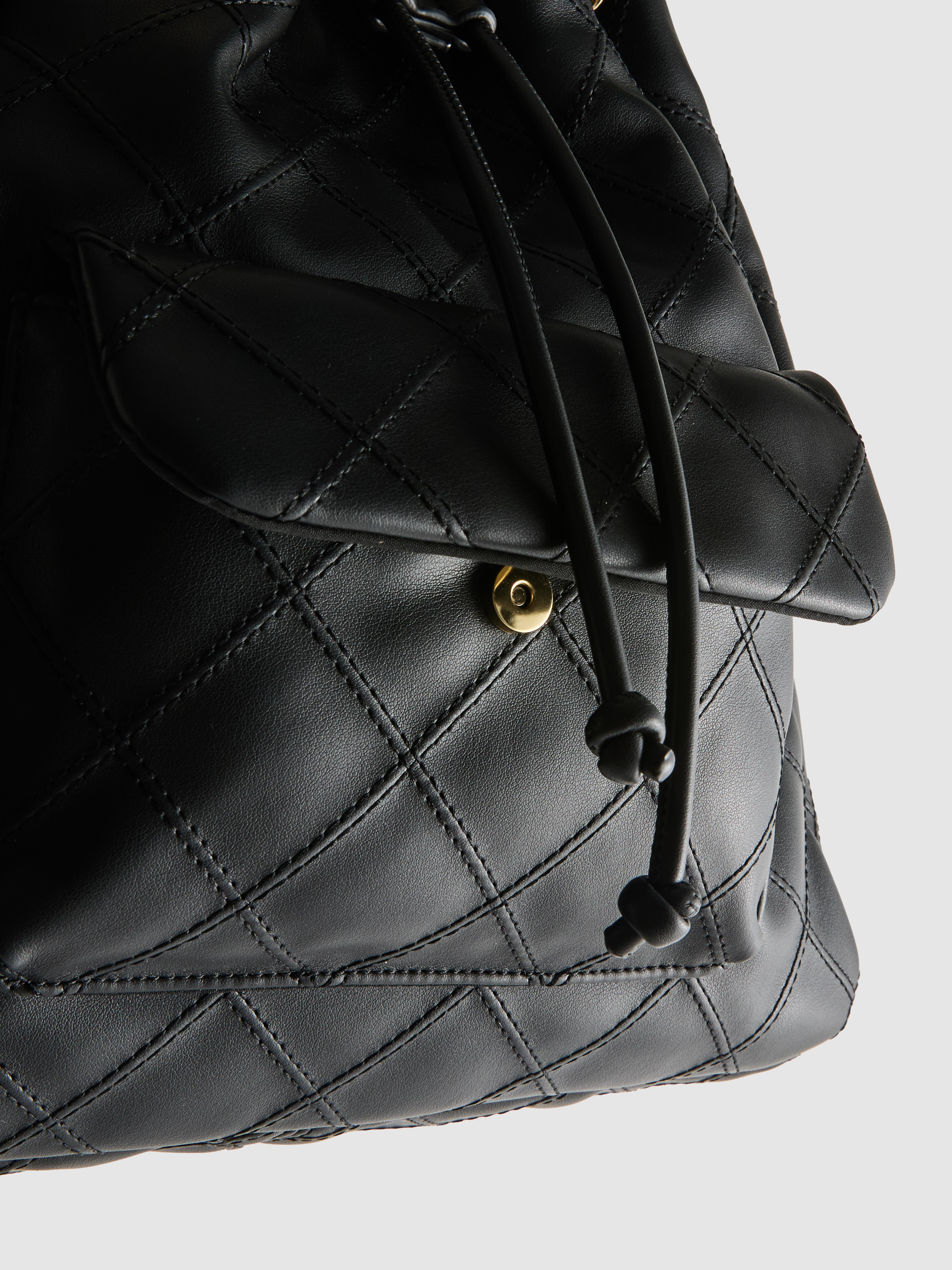 Women's Black Quilted Faux Leather Bucket Bag