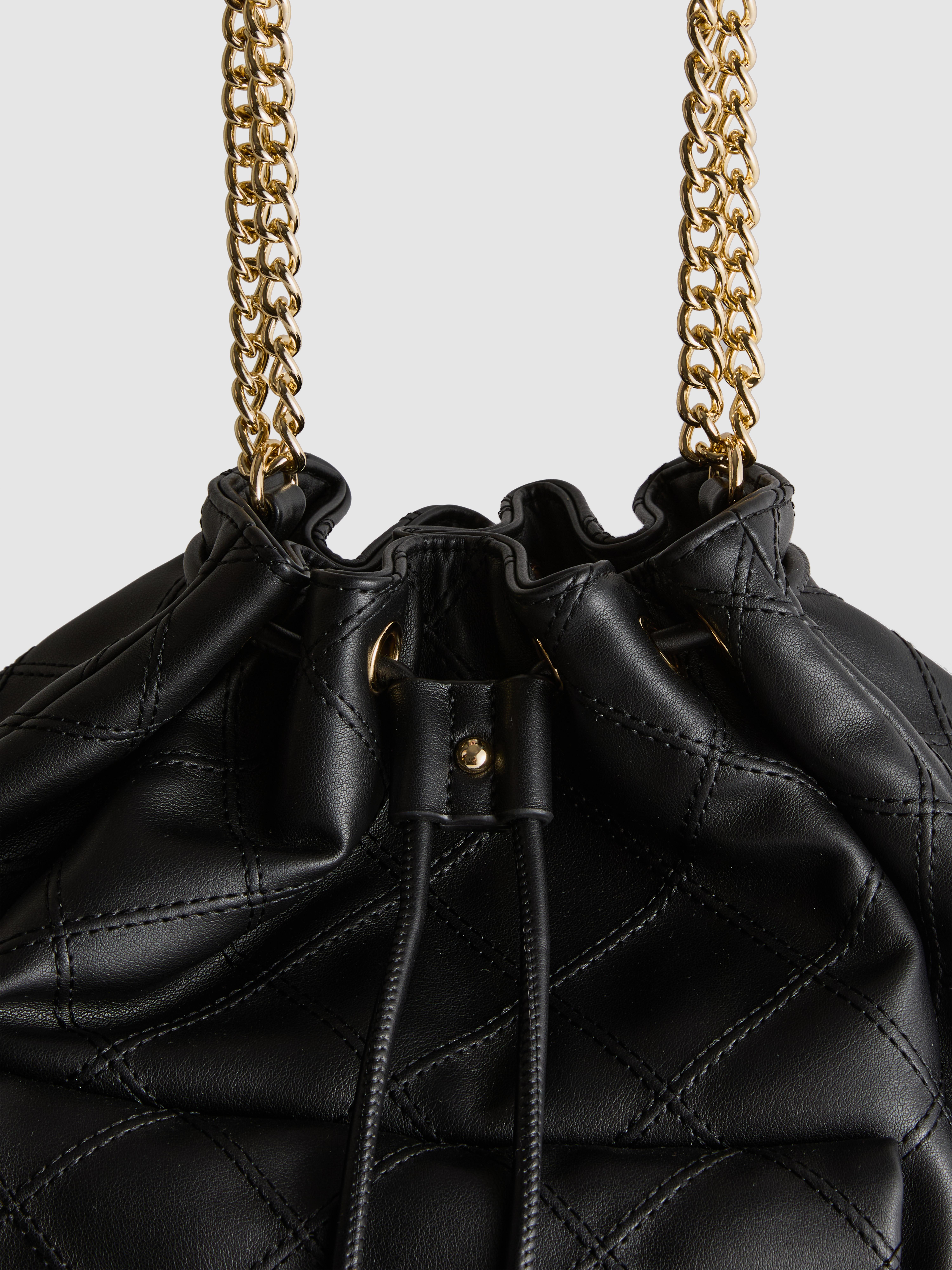 Women's Black Quilted Faux Leather Bucket Bag