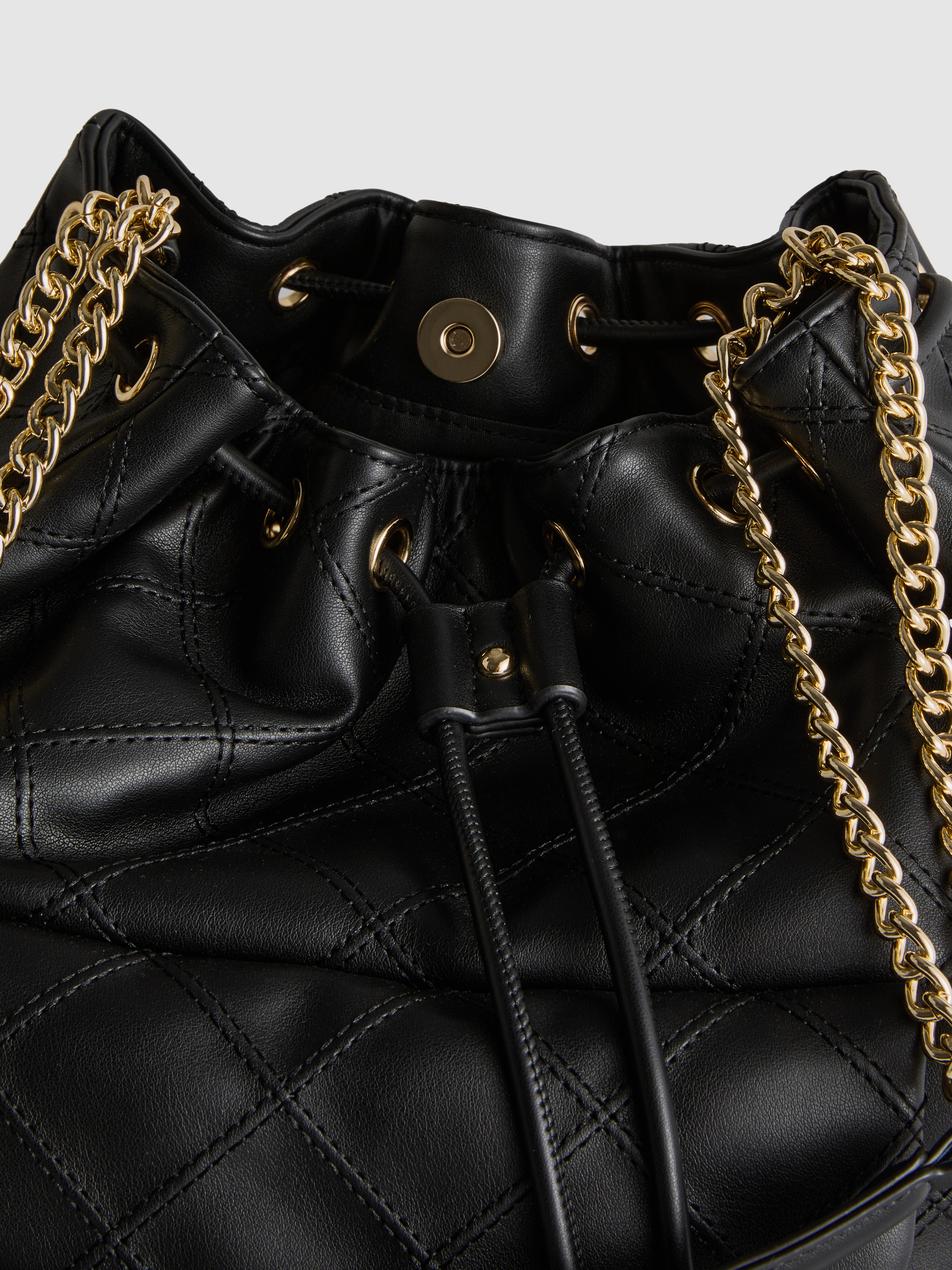 Women's Black Quilted Faux Leather Bucket Bag
