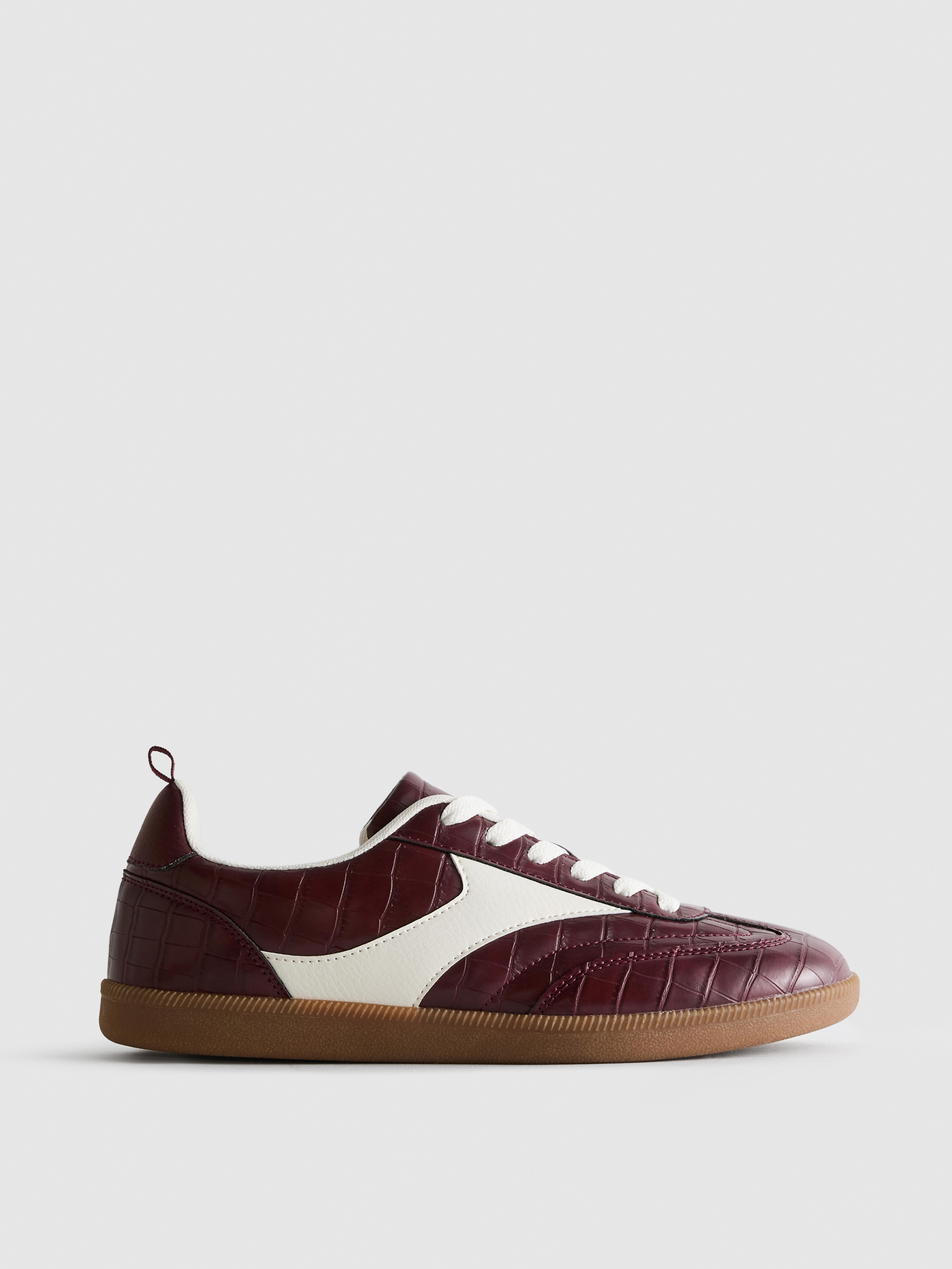 Women's Burgundy Faux Croc Gum Sole Low Top Sneakers