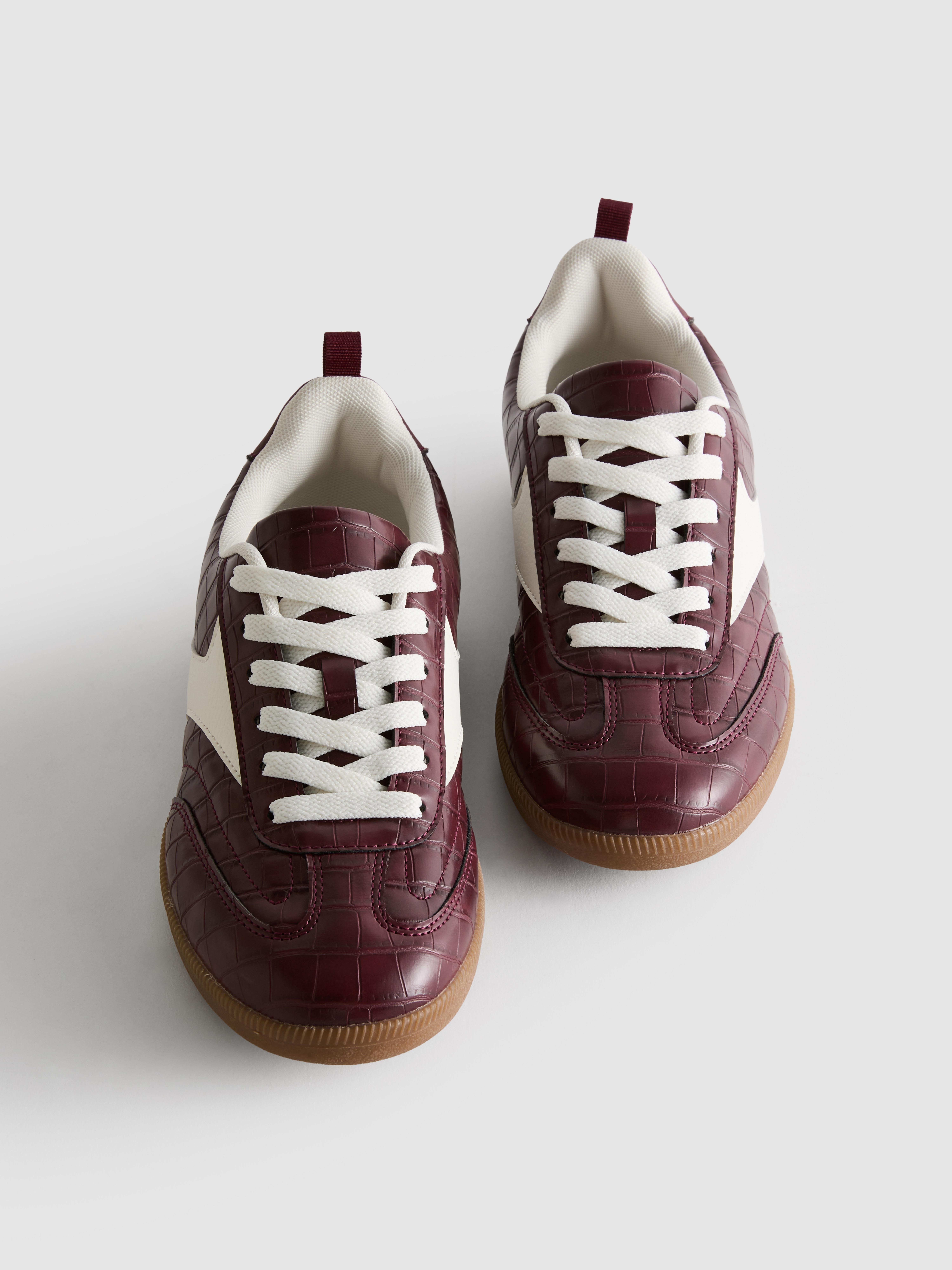 Women's Burgundy Faux Croc Gum Sole Low Top Sneakers