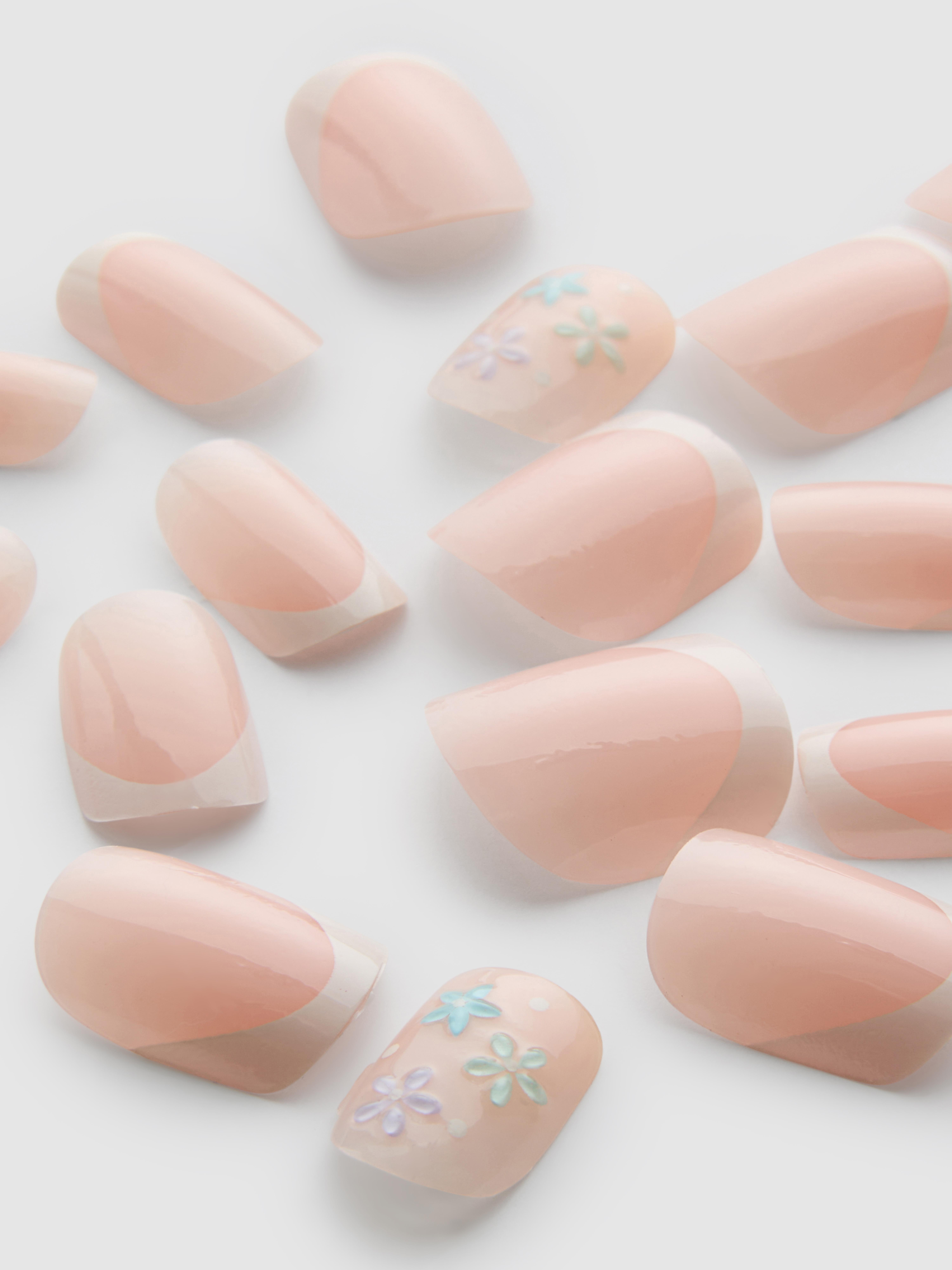 Faux ongles brillants carrés French manucure à fleurs PS...