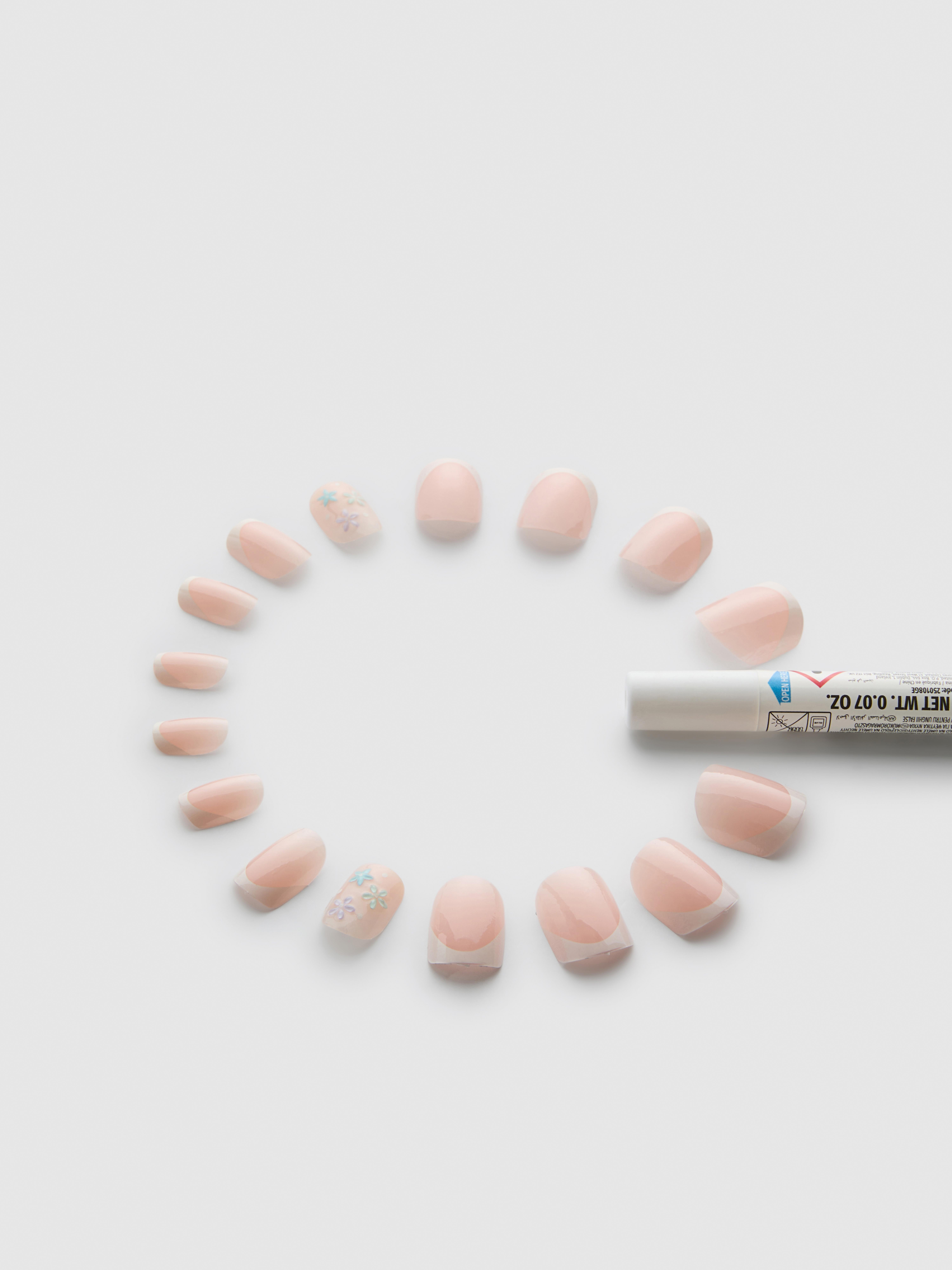 Faux ongles brillants carrés French manucure à fleurs PS...