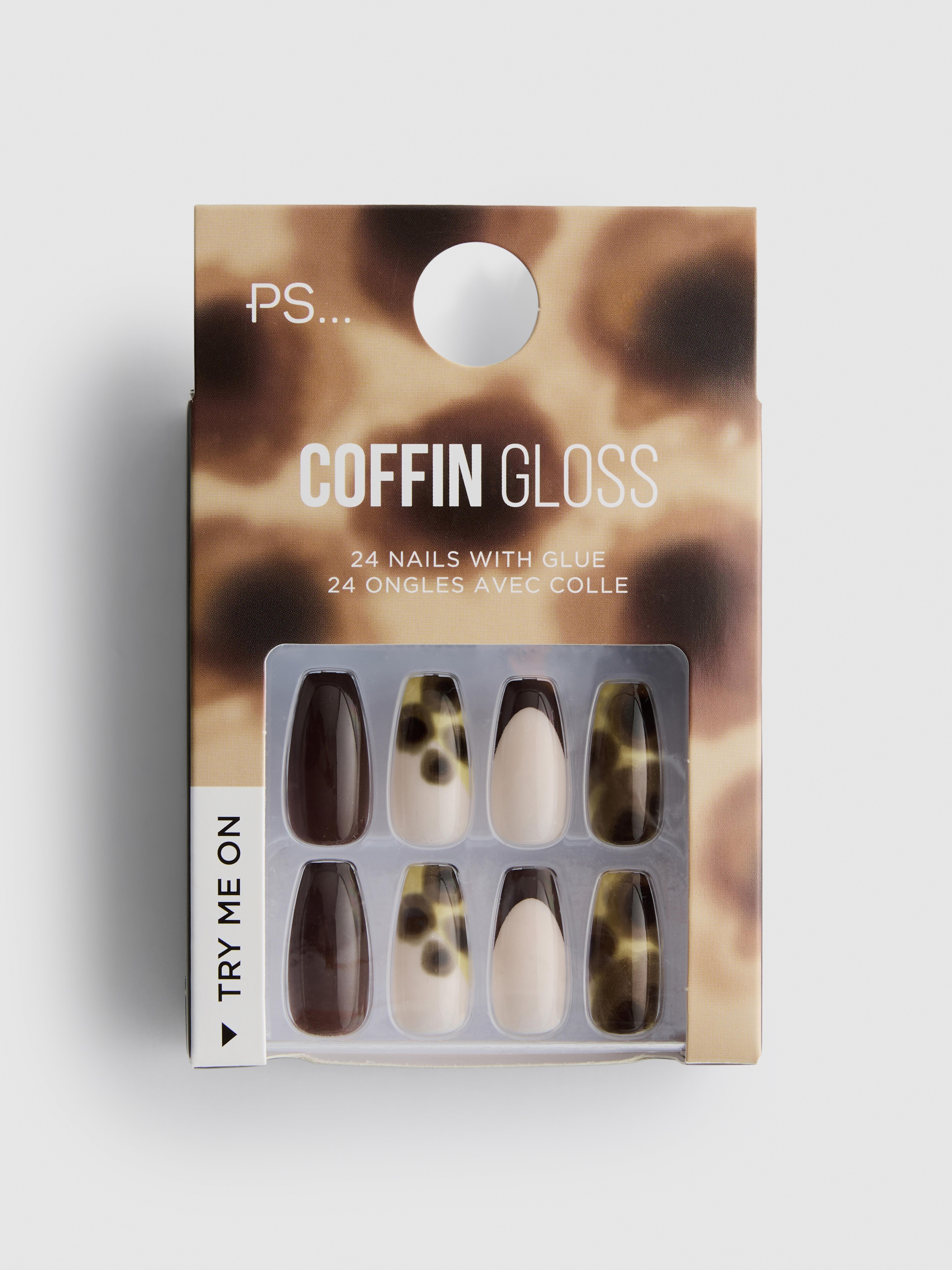 PS... Tortoiseshell Print Coffin Gloss False Nails