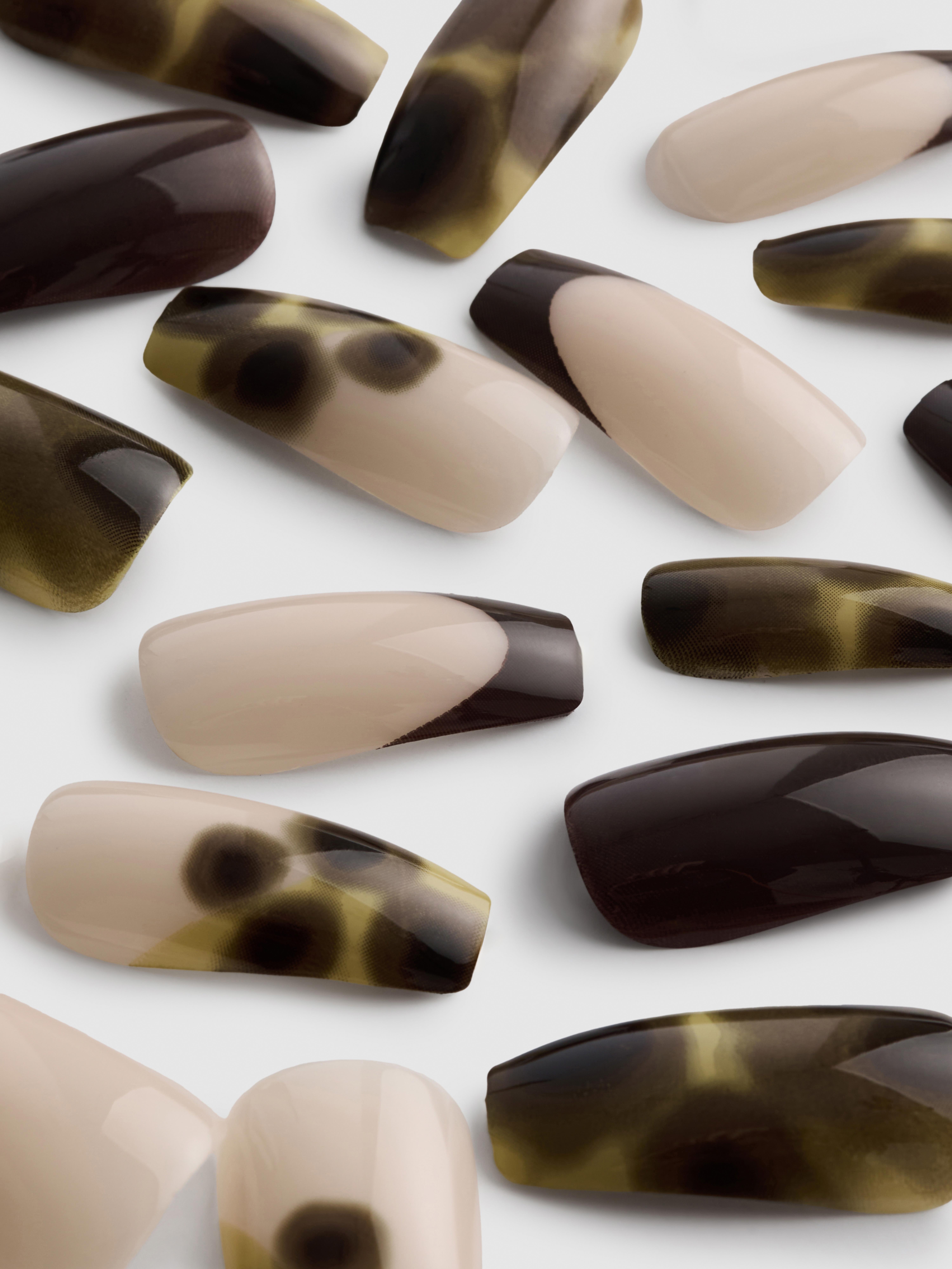 PS... Tortoiseshell Print Coffin Gloss False Nails
