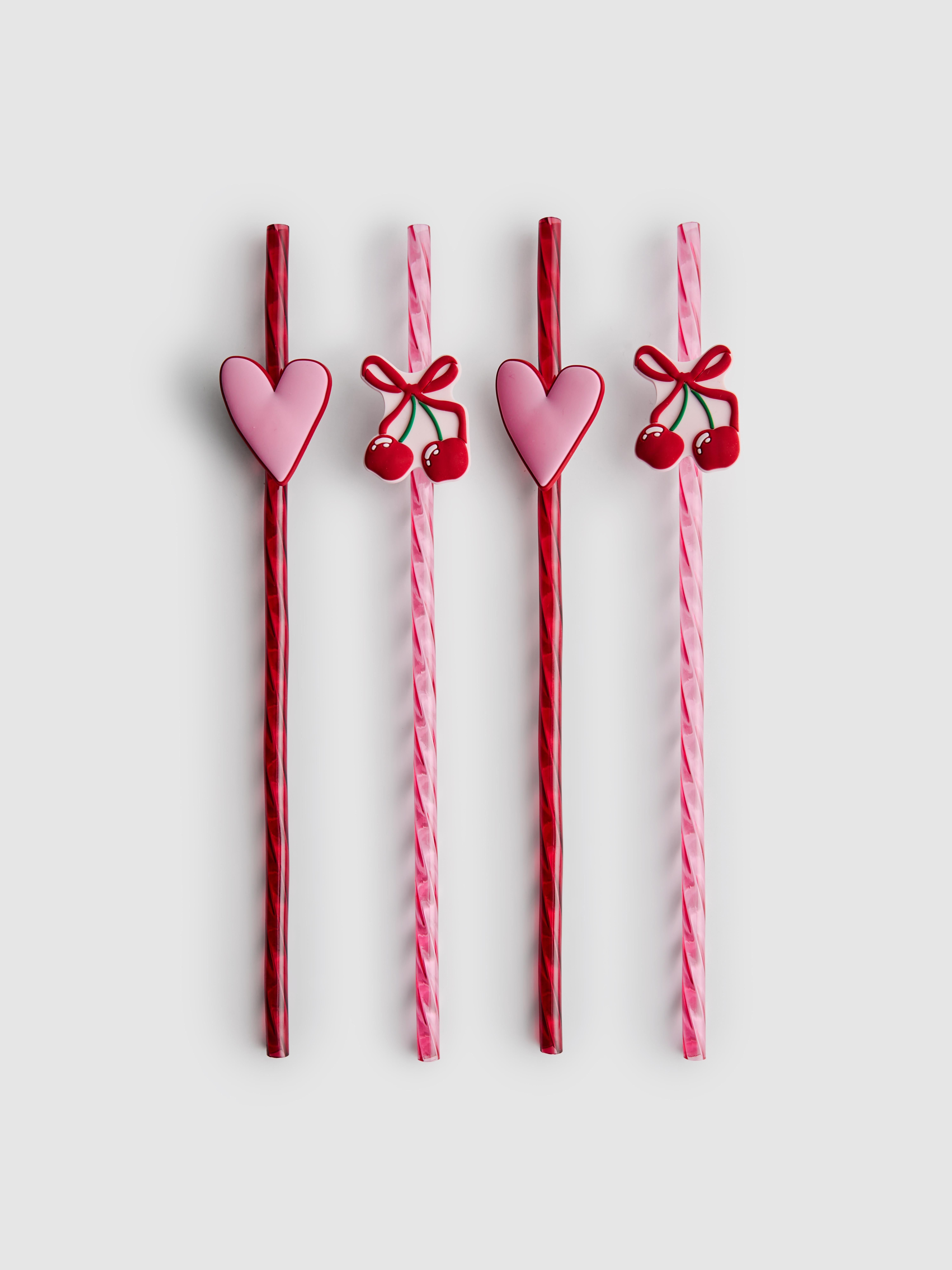 Strohhalme mit Herz- und Kirschtoppern, 4er-Pack