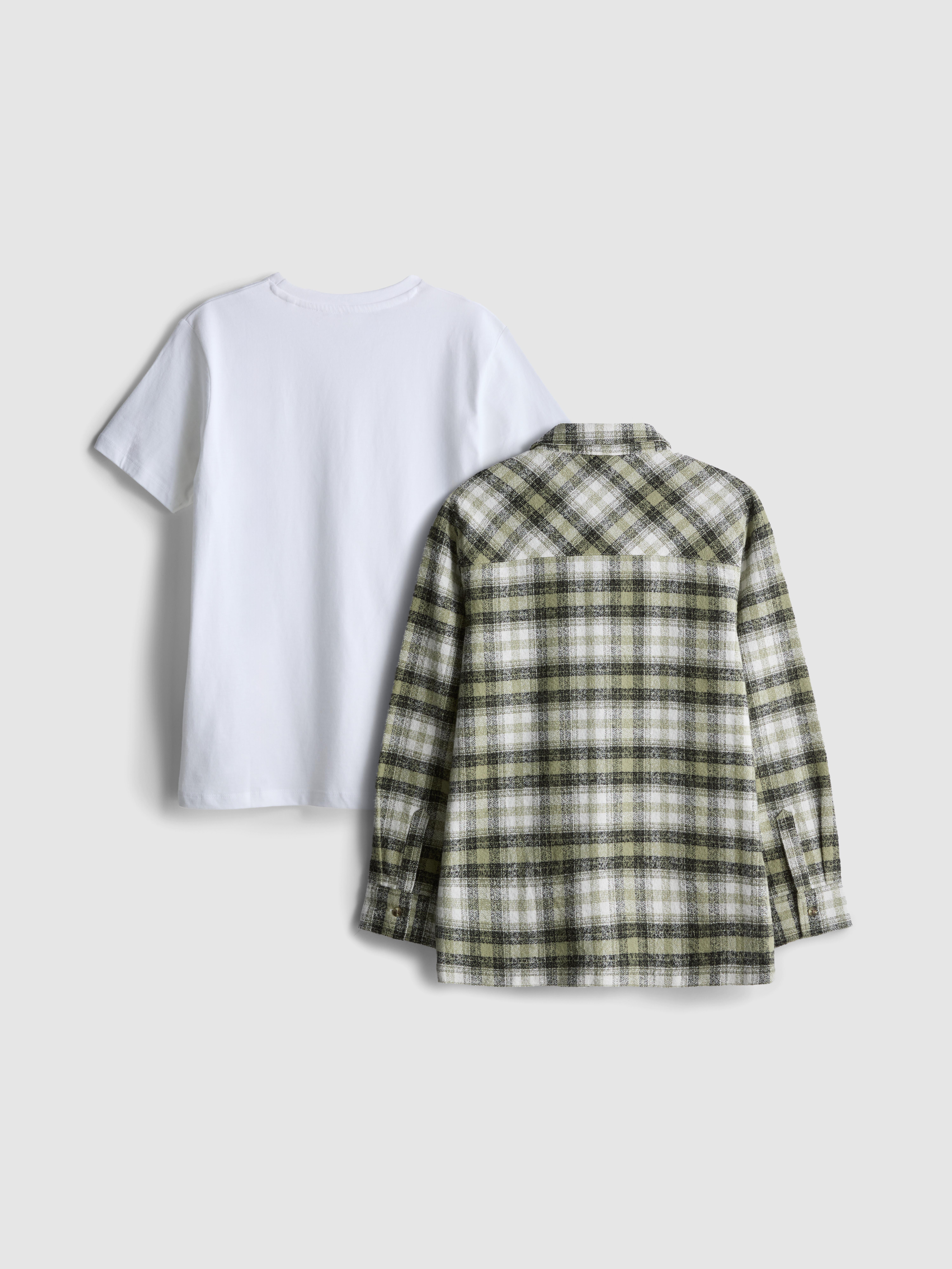 Boys Green 7-15yrs | T-Shirt and Check Shirt Set