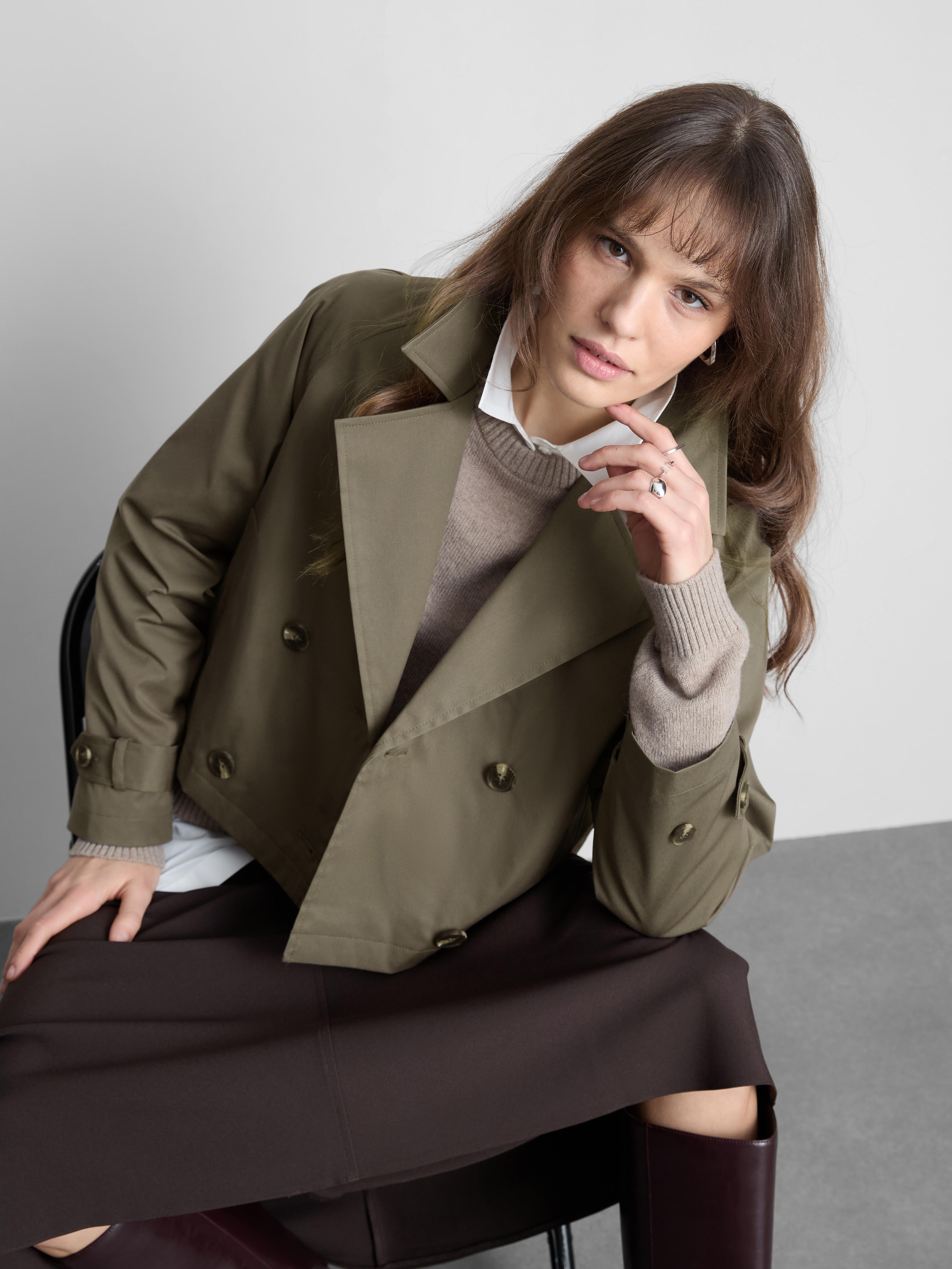 Women's Mocha Double-Breasted Boxy Rain Jacket