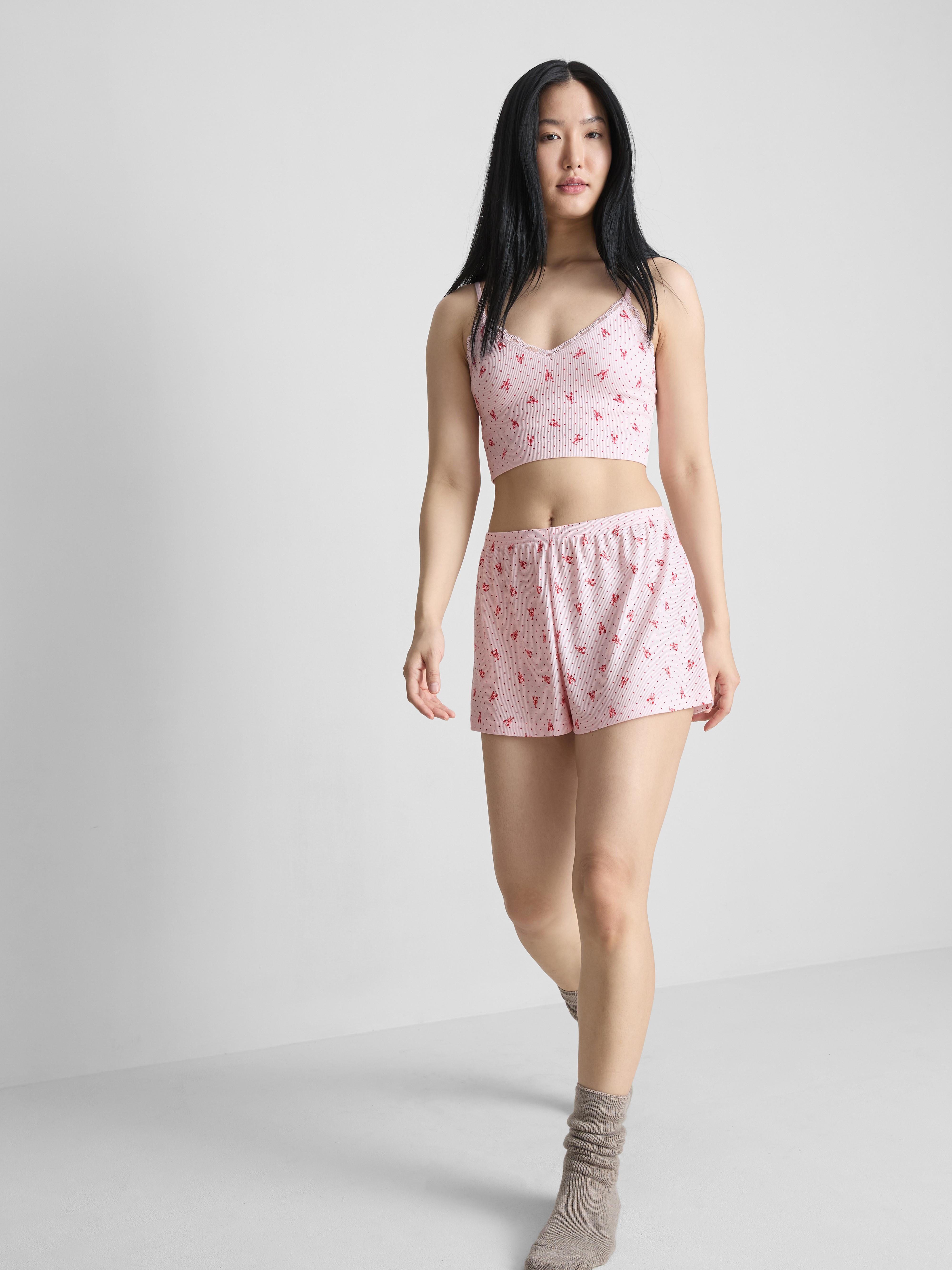 Pantaloncini del pigiama a coste con stampa Rosa scuro