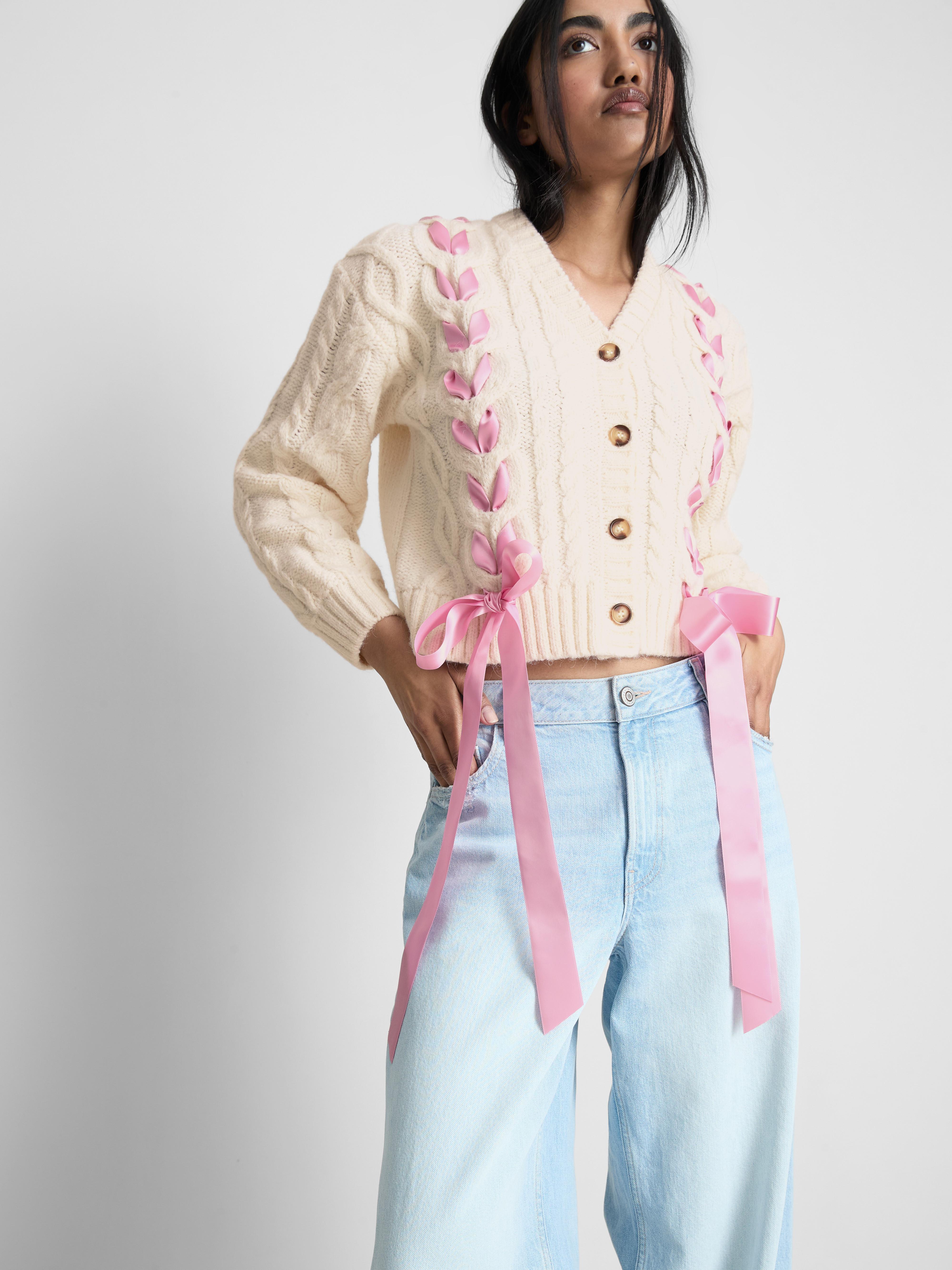 Women's Ecru Cable Knit Ribbon Cardigan | Penneys