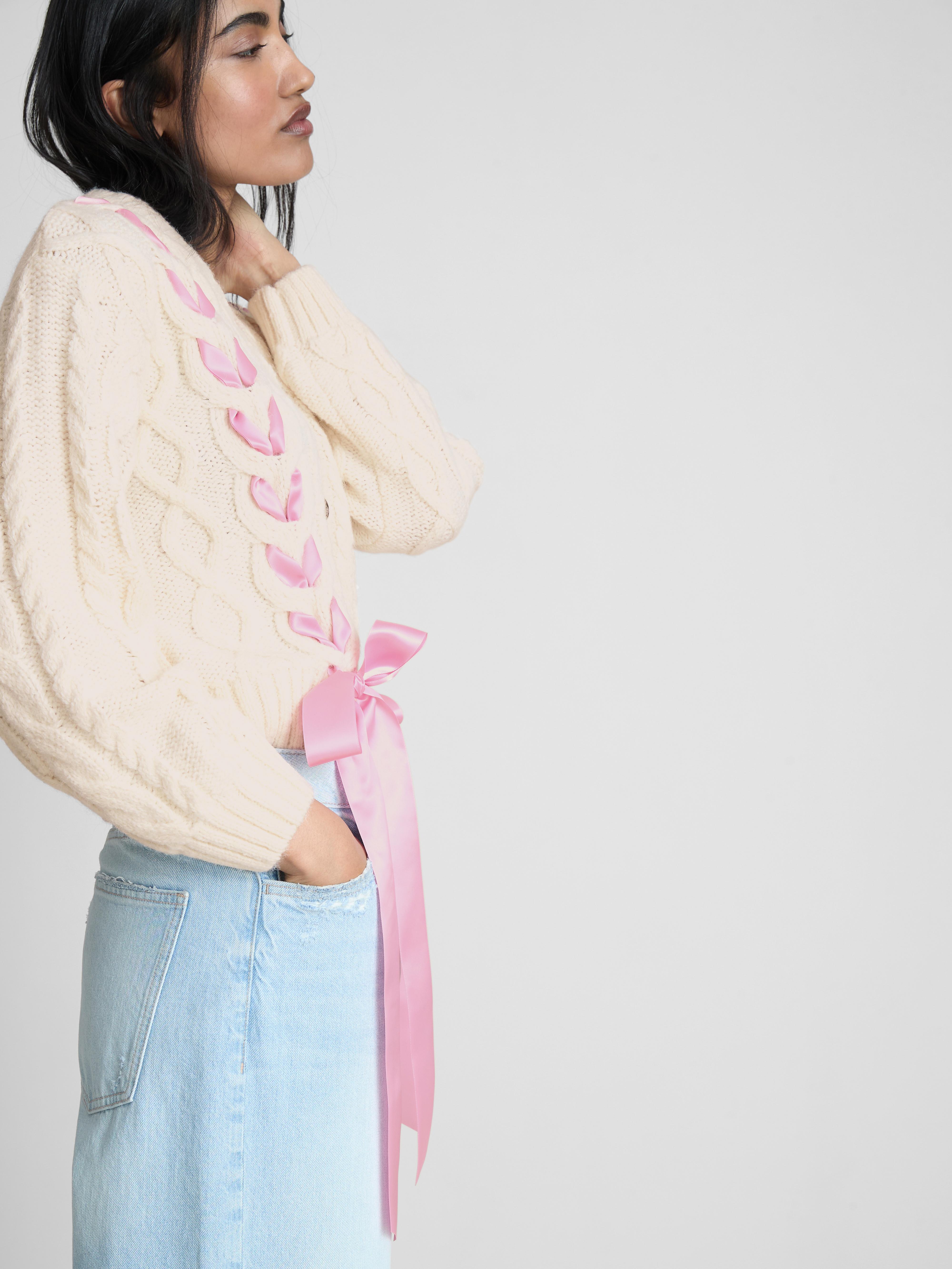 Aerienne Cable-Knit Ribbon Cardigan Womens Ecru Cable Knit Ribbon