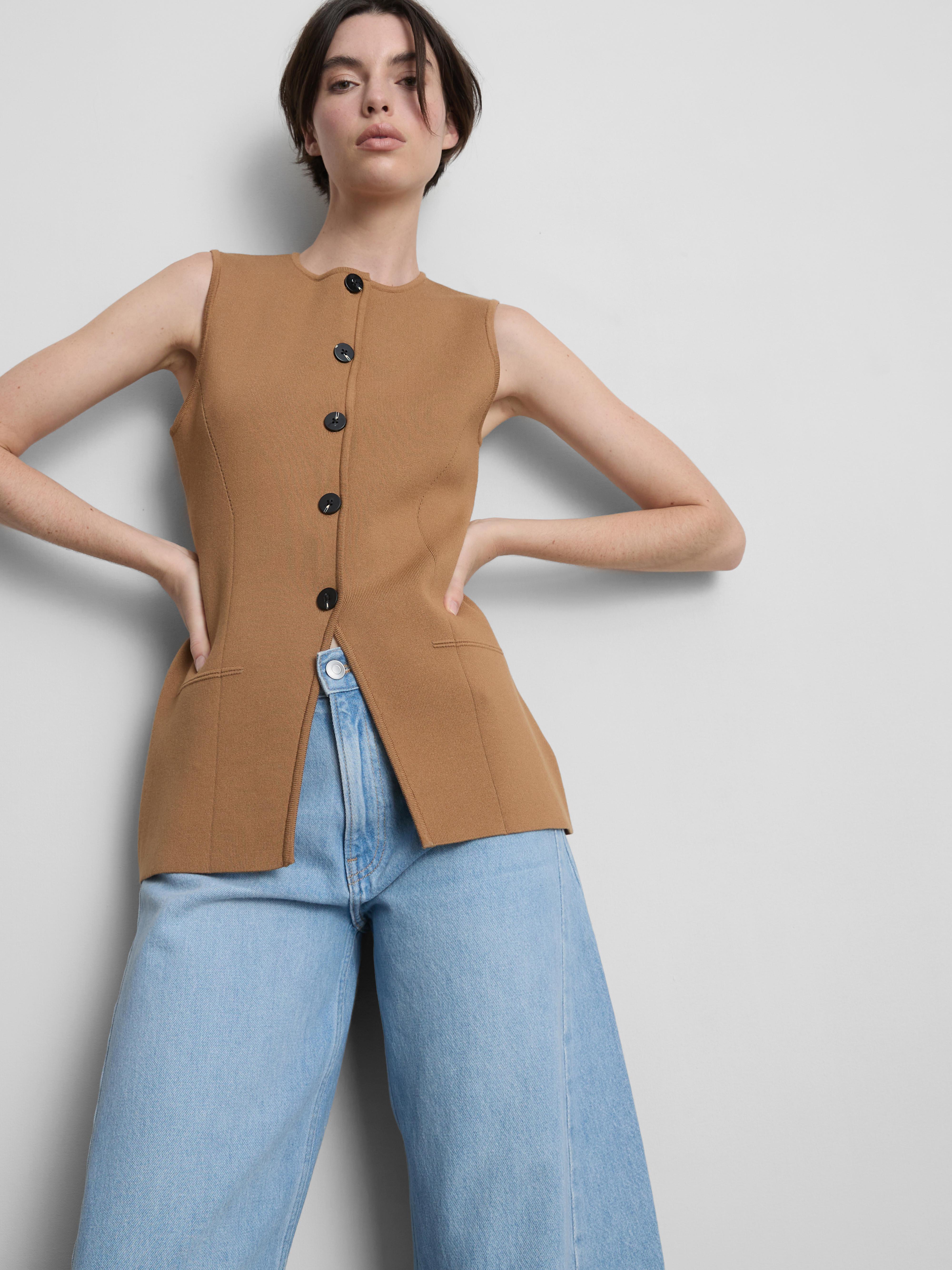 Women's Taupe Sculpted Longline Button-Down Vest