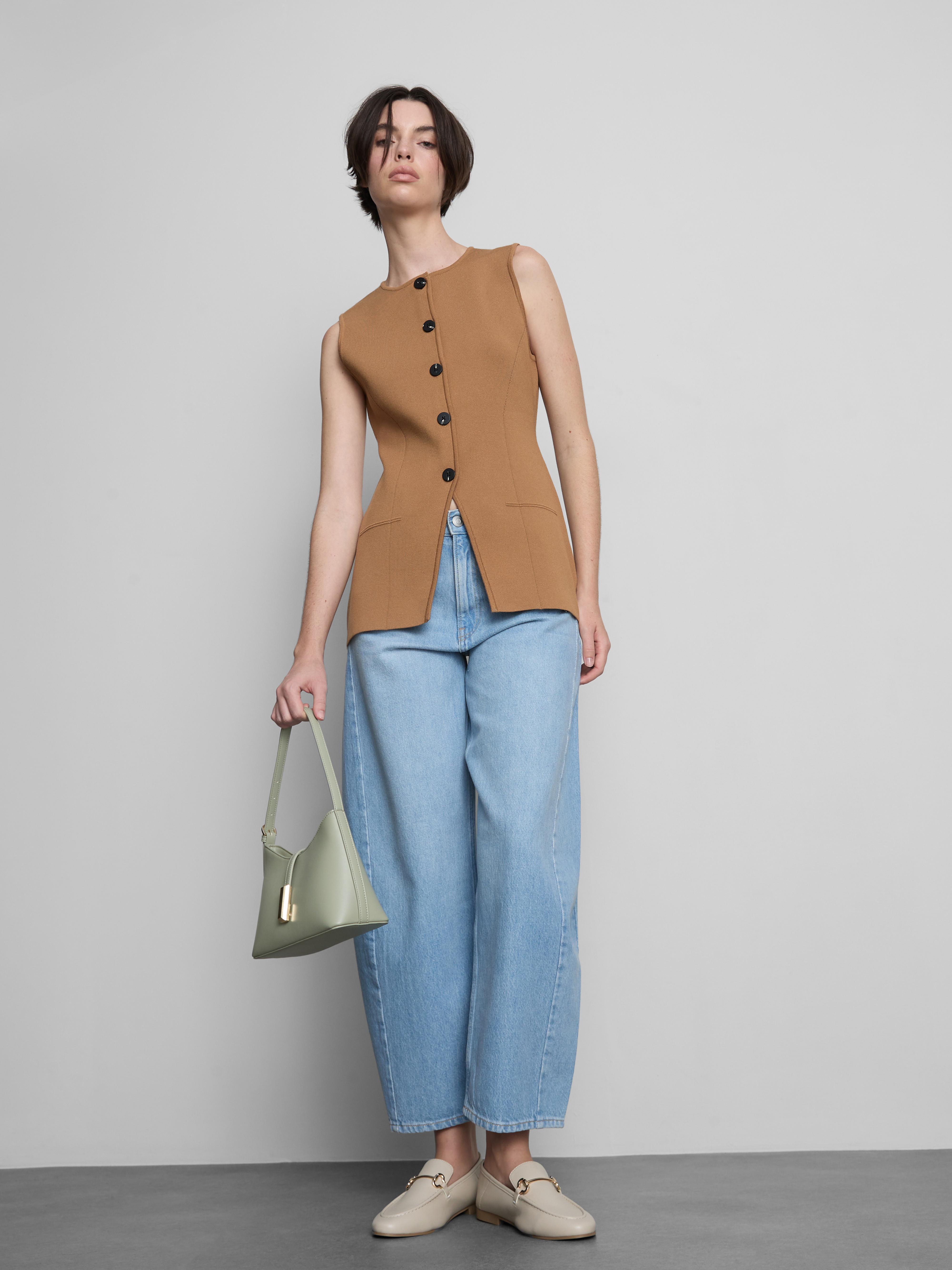 Women's Taupe Sculpted Longline Button-Down Vest