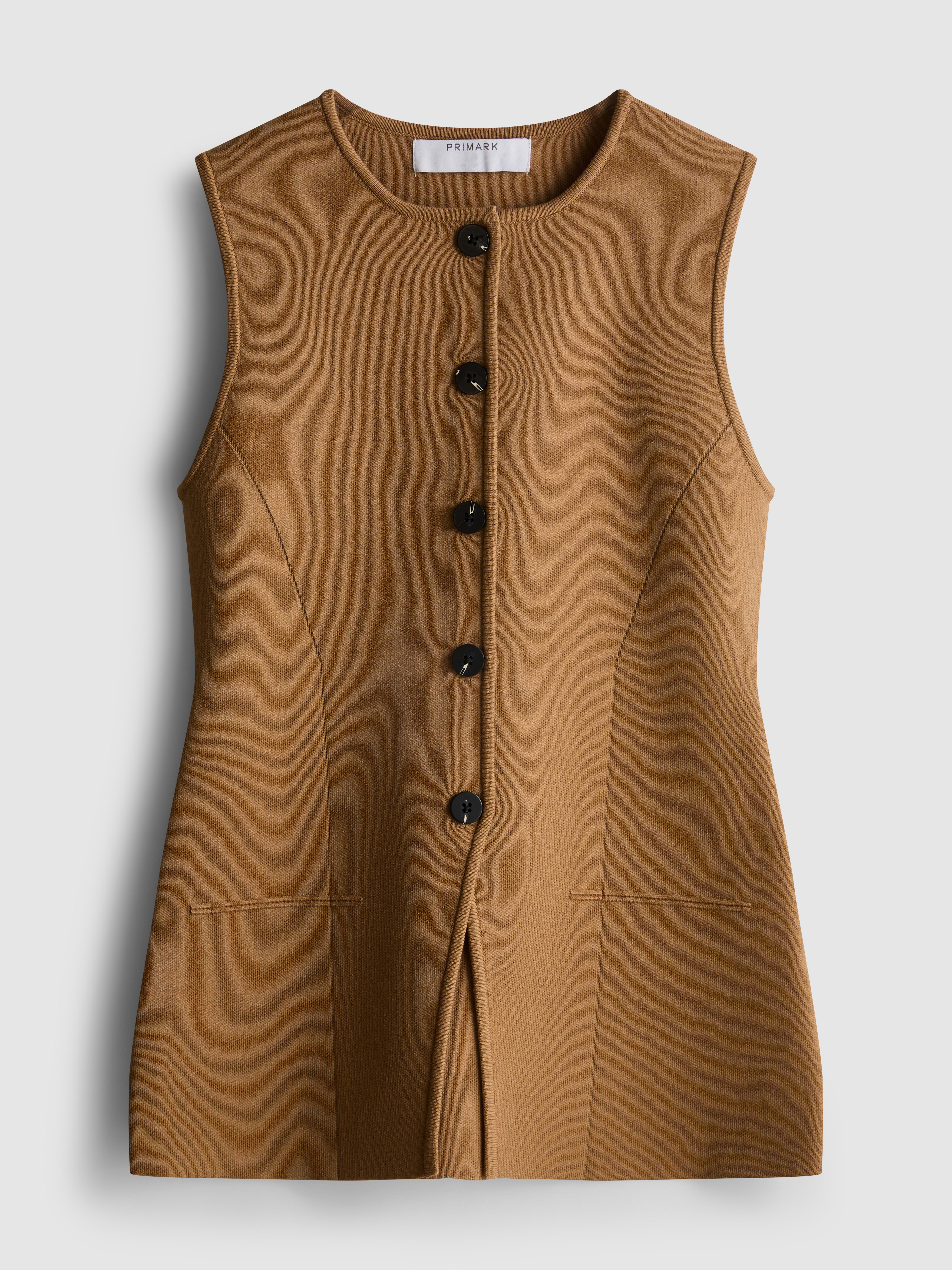 Women's Taupe Sculpted Longline Button-Down Vest