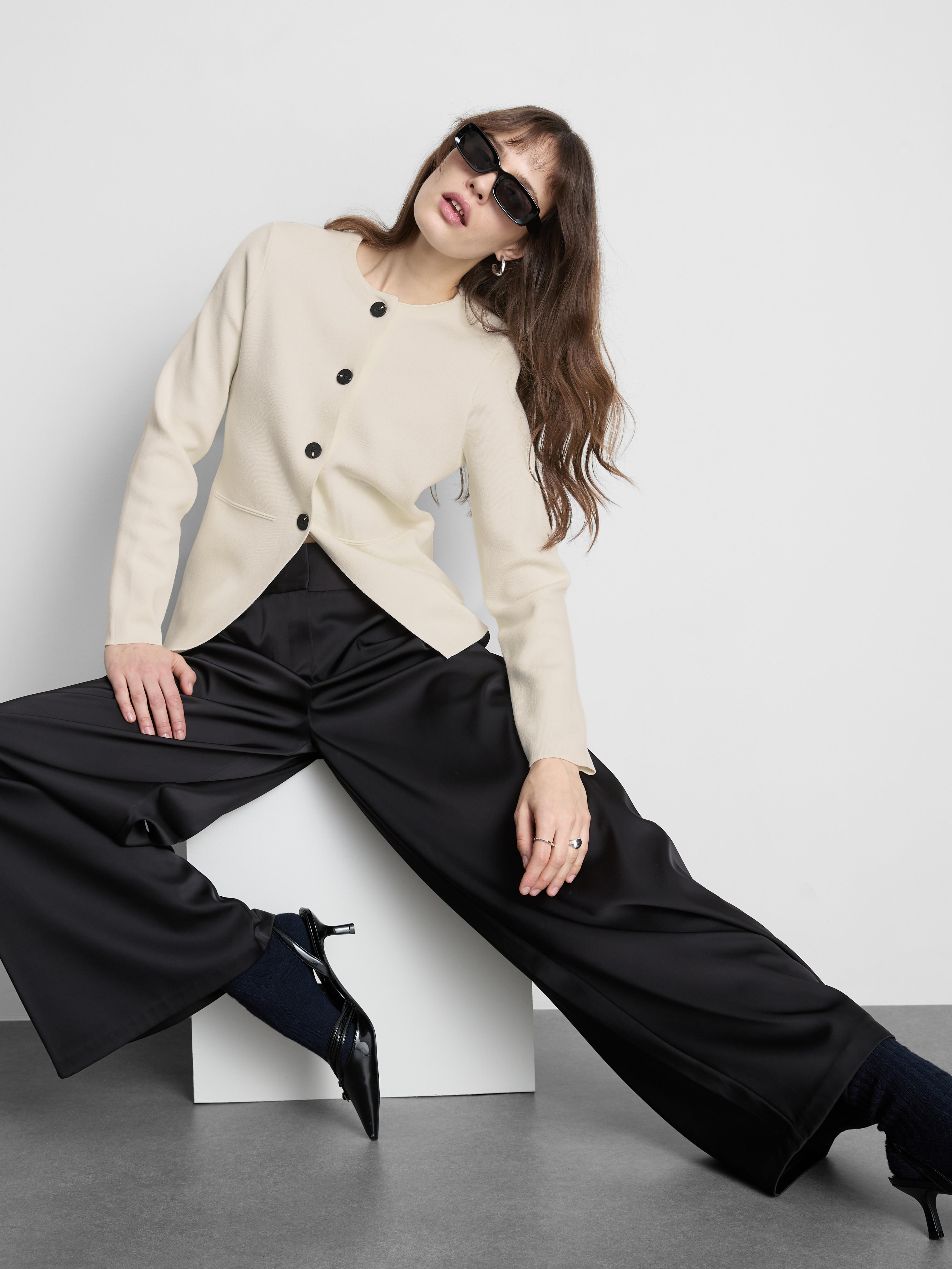 Women's Ivory Sculpted Crewneck Cardigan