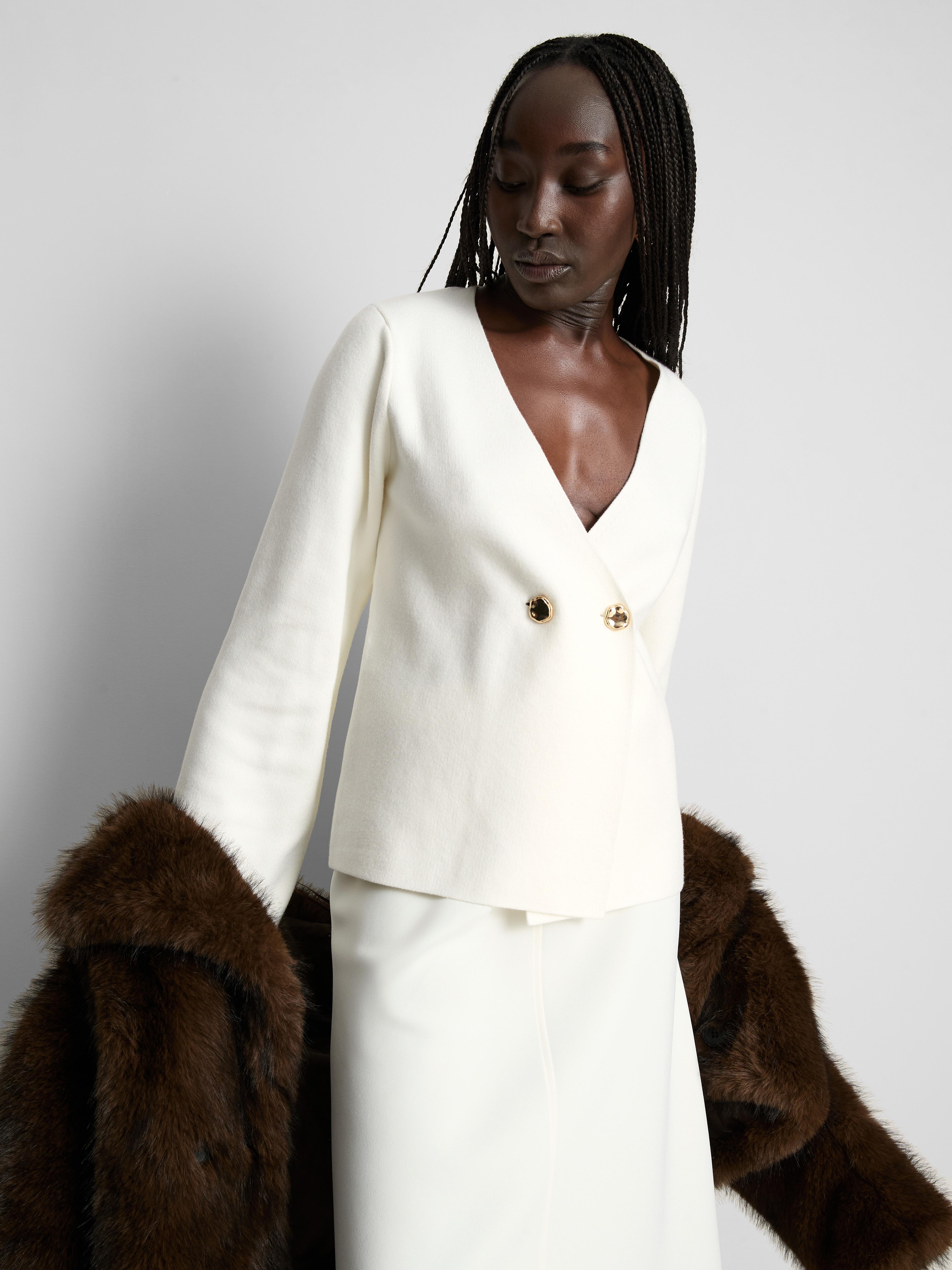 Women's Ivory Double-Breasted V-Neck Cardigan