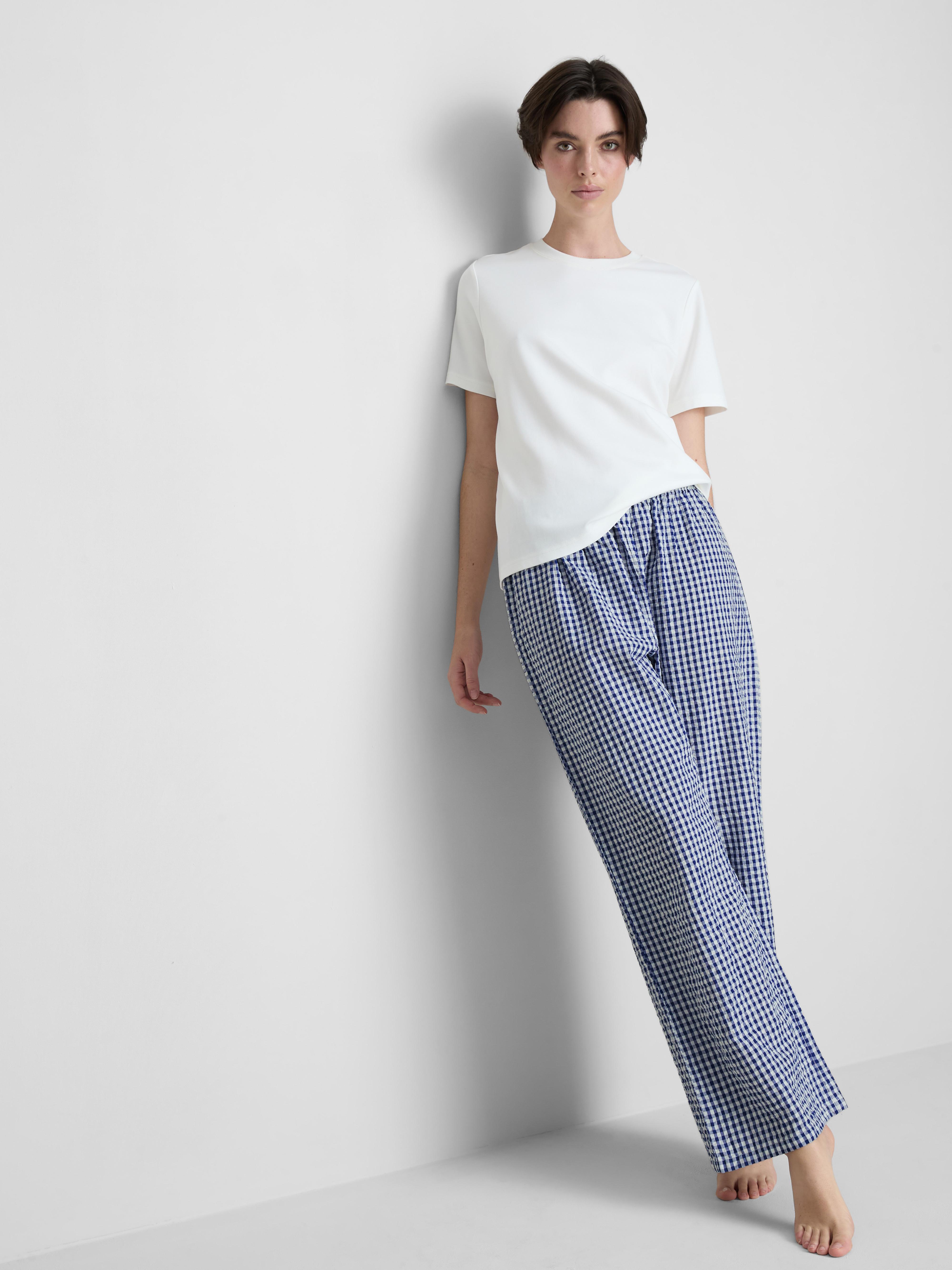 Women's Blue Cotton Gingham Pajama Pants