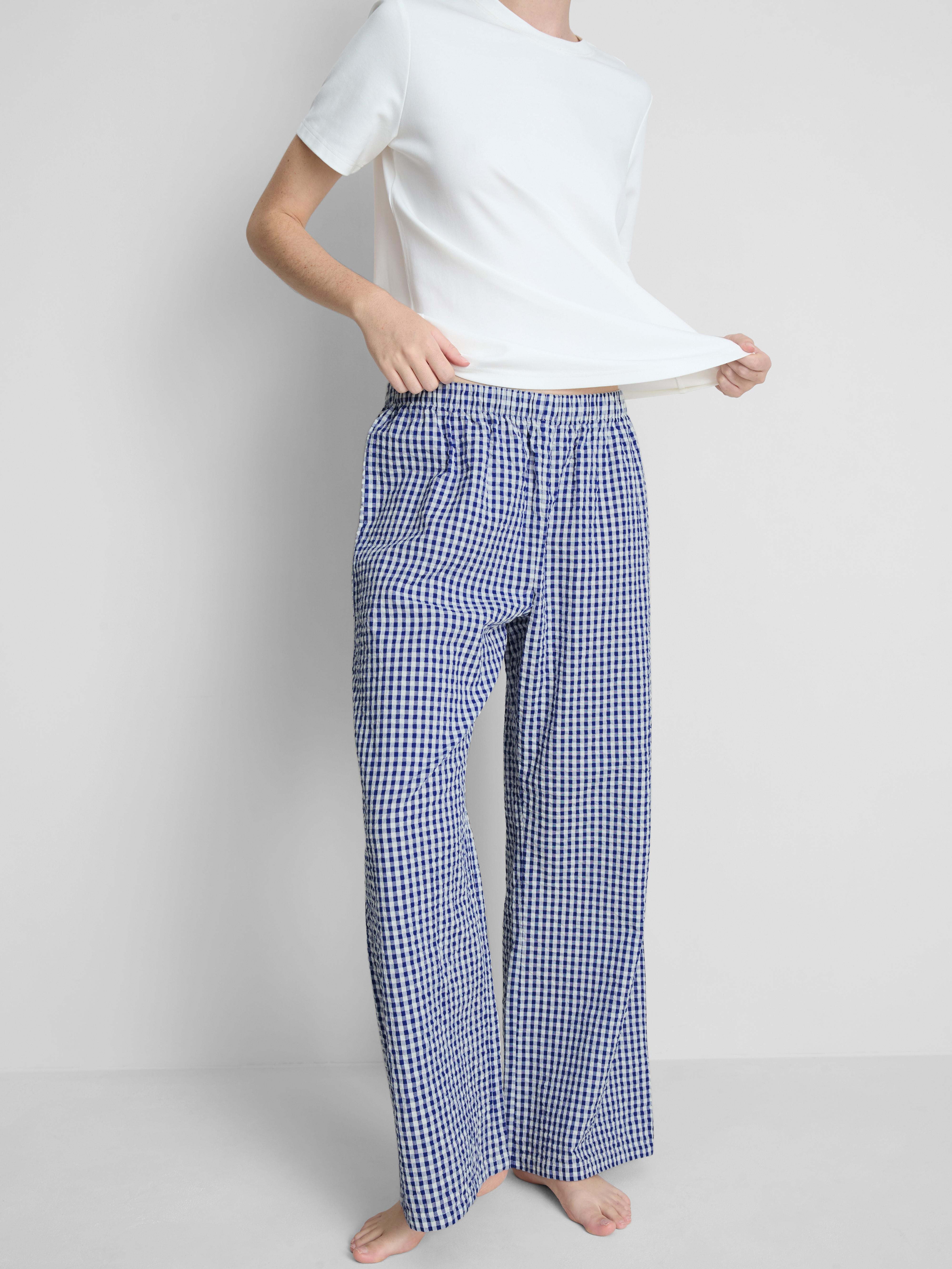 Women's Blue Cotton Gingham Pajama Pants