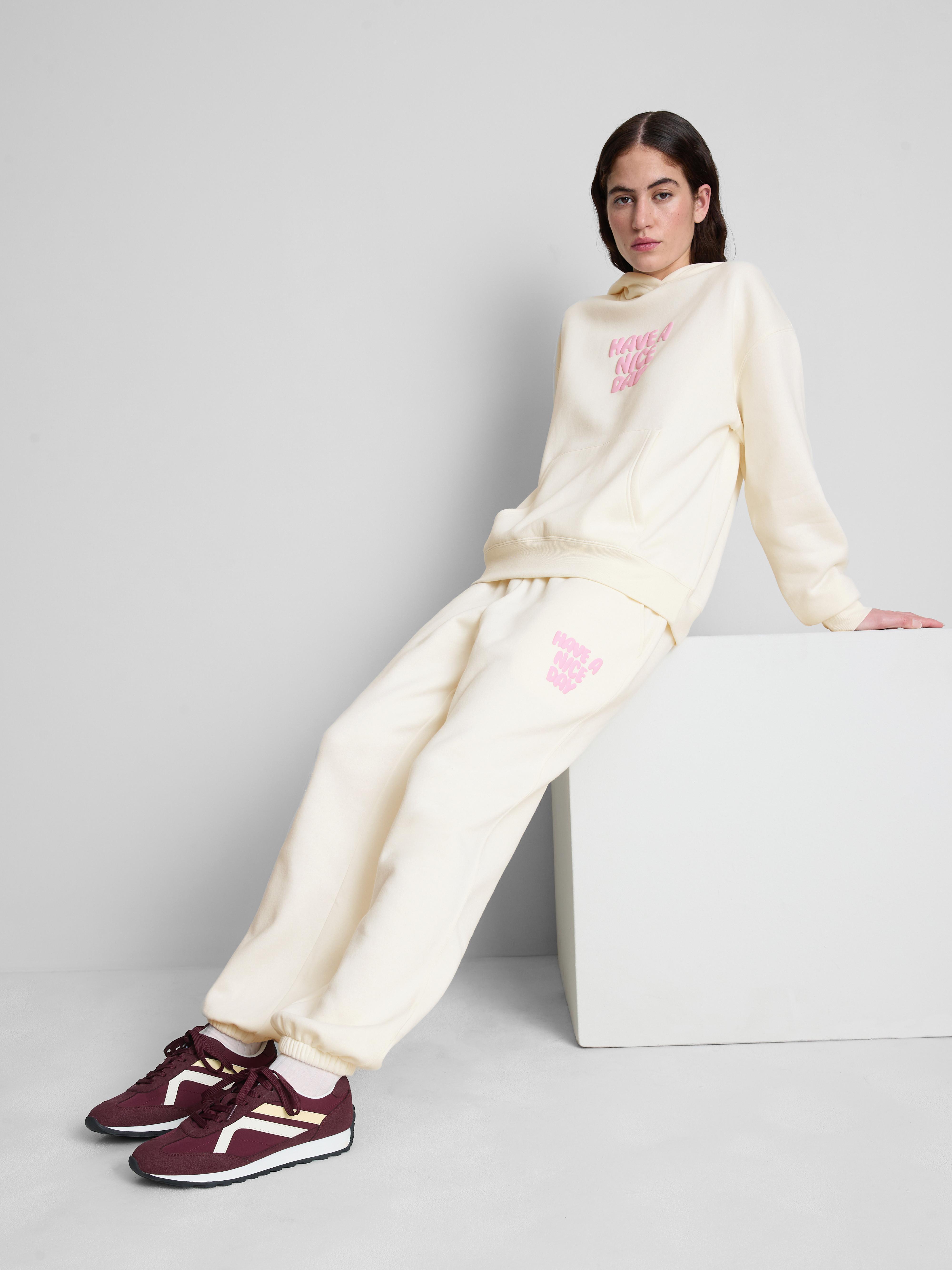 Women's Ivory Cotton Blend Printed Cuffed Joggers