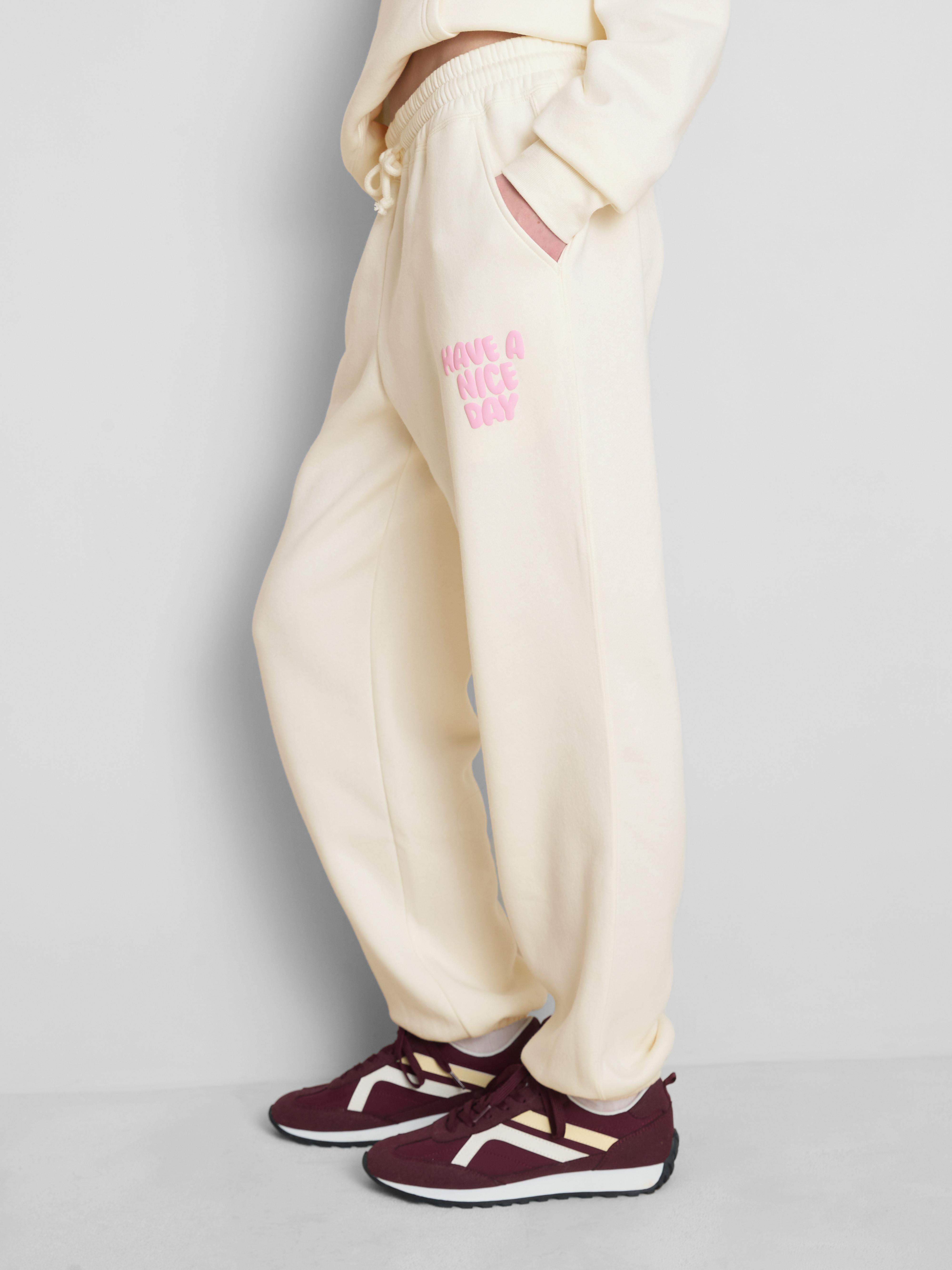 Women's Ivory Cotton Blend Printed Cuffed Joggers